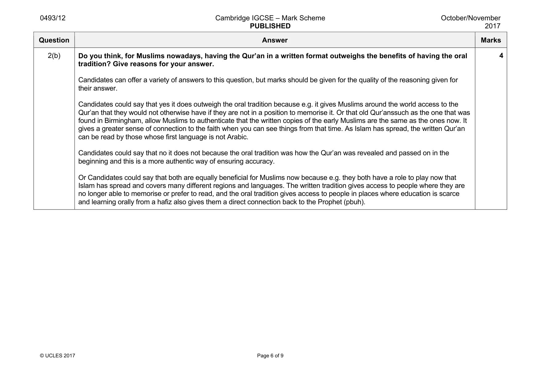 Mark scheme, page 6 of 9