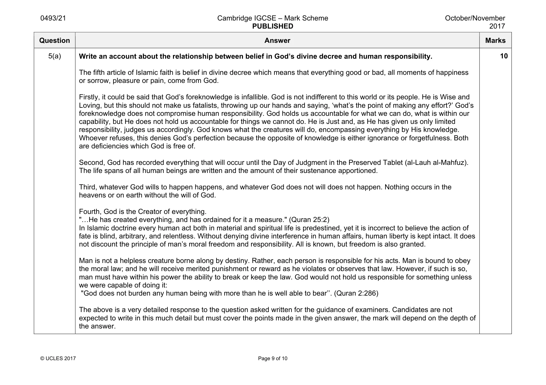 Mark scheme, page 9 of 10