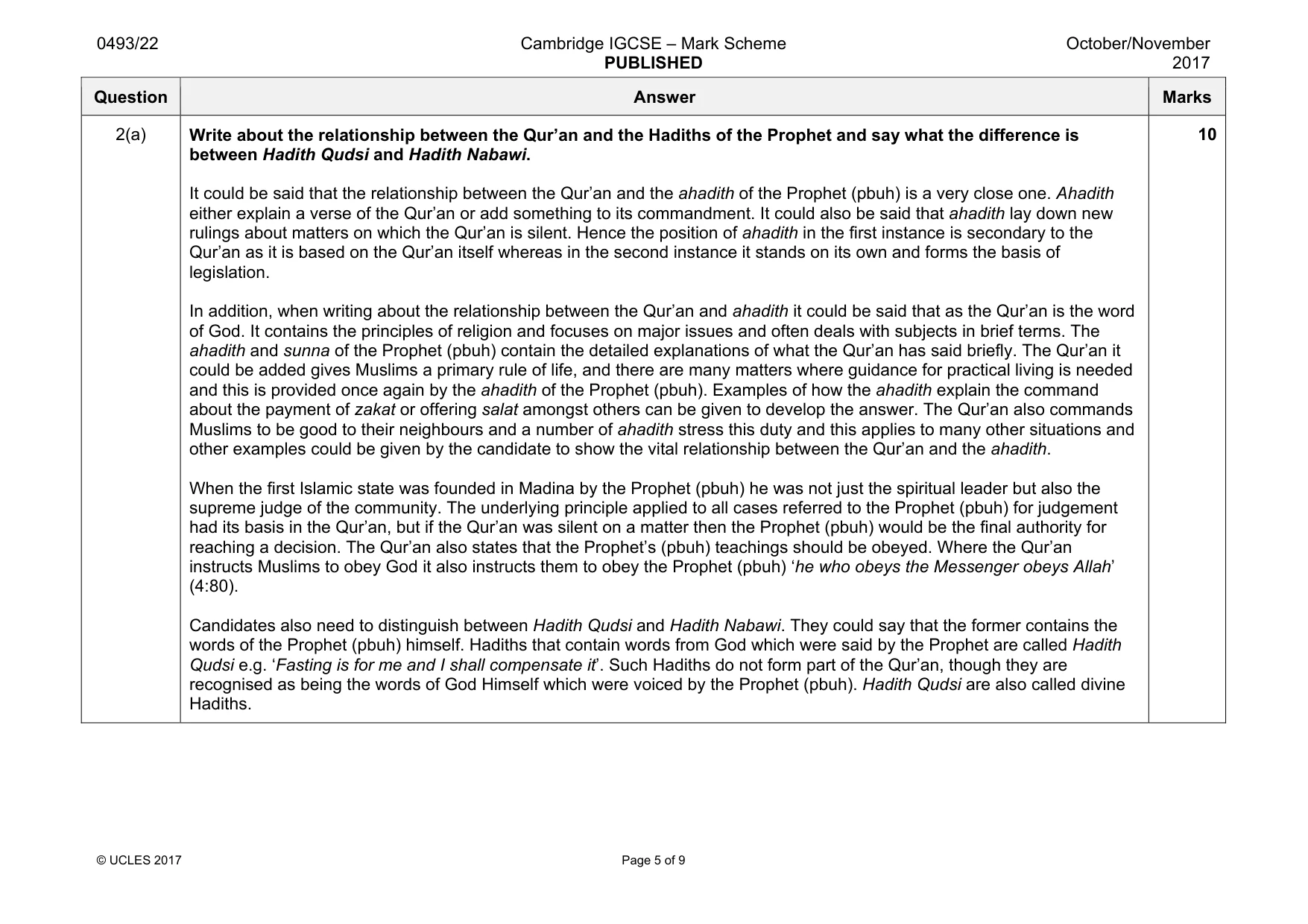 Mark scheme, page 5 of 9