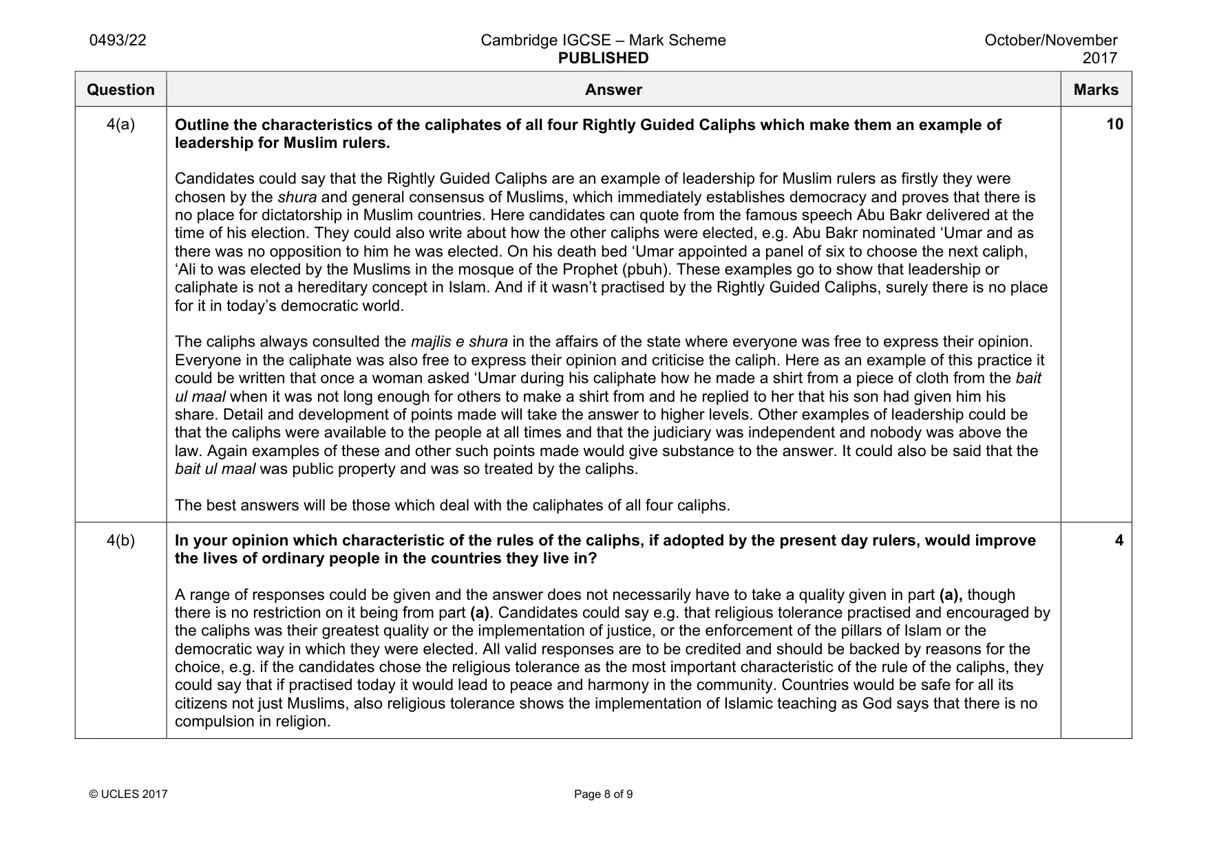 Mark scheme, page 8 of 9
