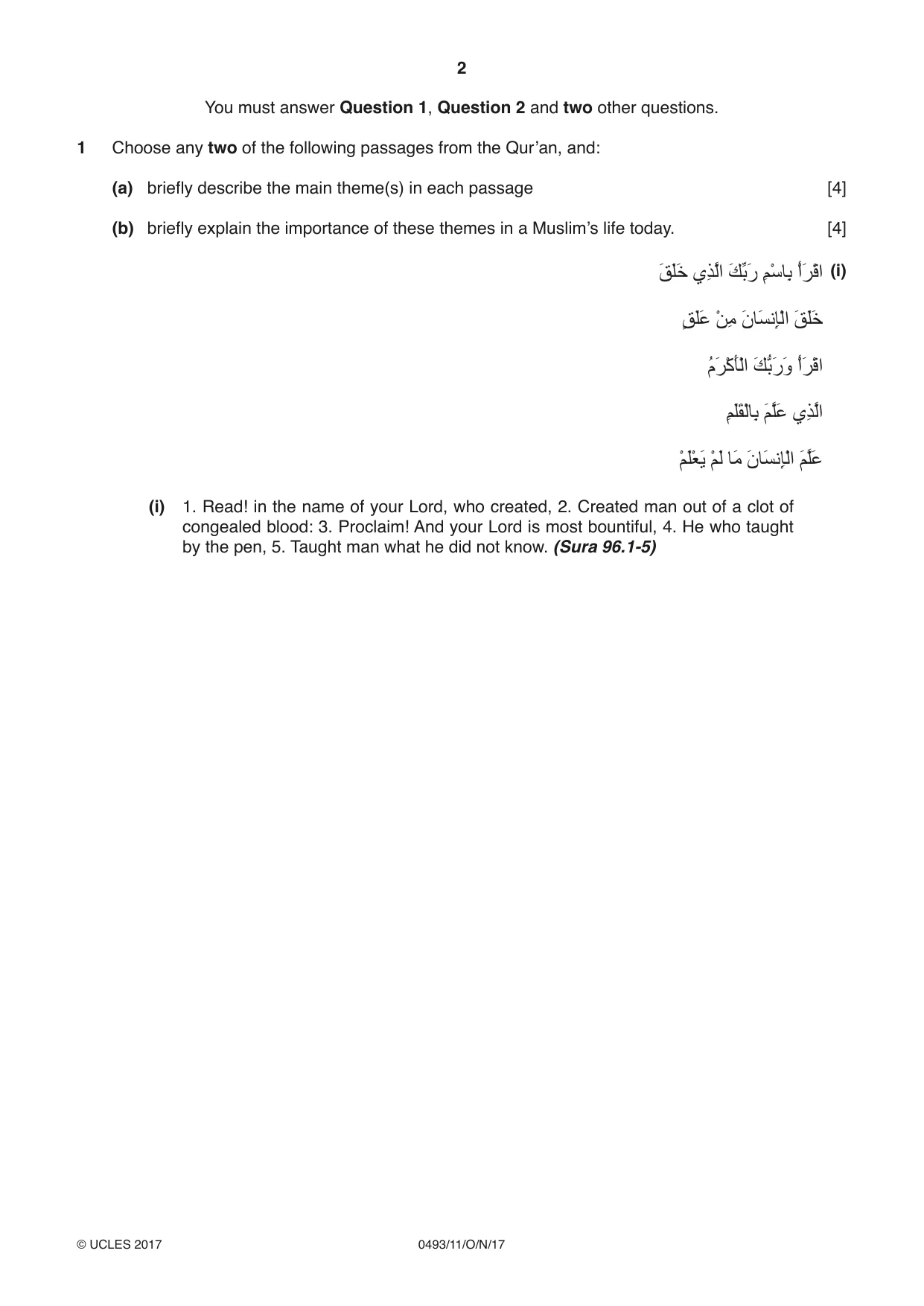 Cambridge IGCSE Islamiyat 0493 2017 Oct/Nov Paper 1 · Variant 1 question paper, page 2 of 20