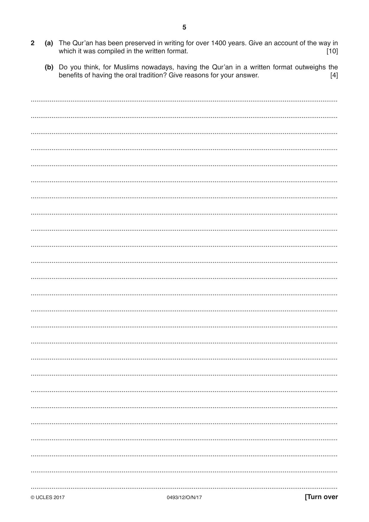 Cambridge IGCSE Islamiyat 0493 2017 Oct/Nov Paper 1 · Variant 2 question paper, page 5 of 16