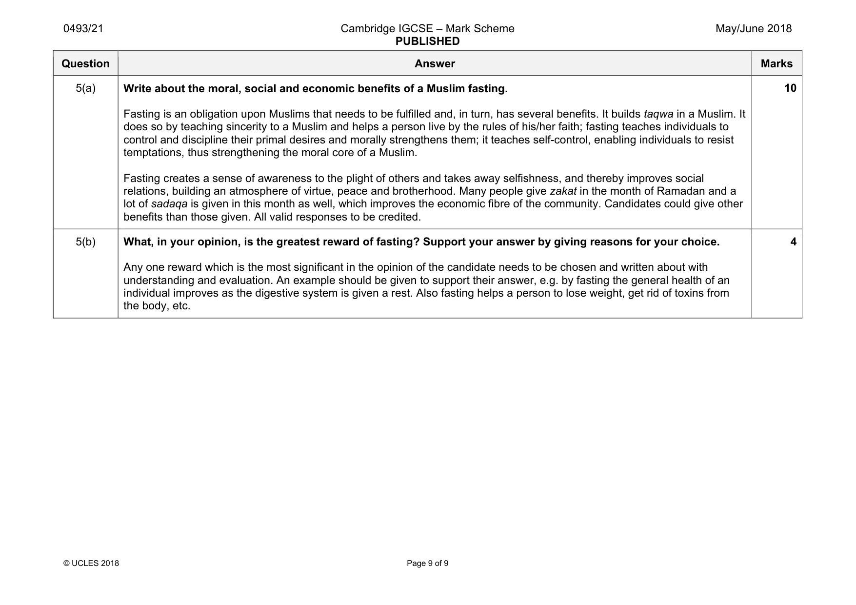 Mark scheme, page 9 of 9