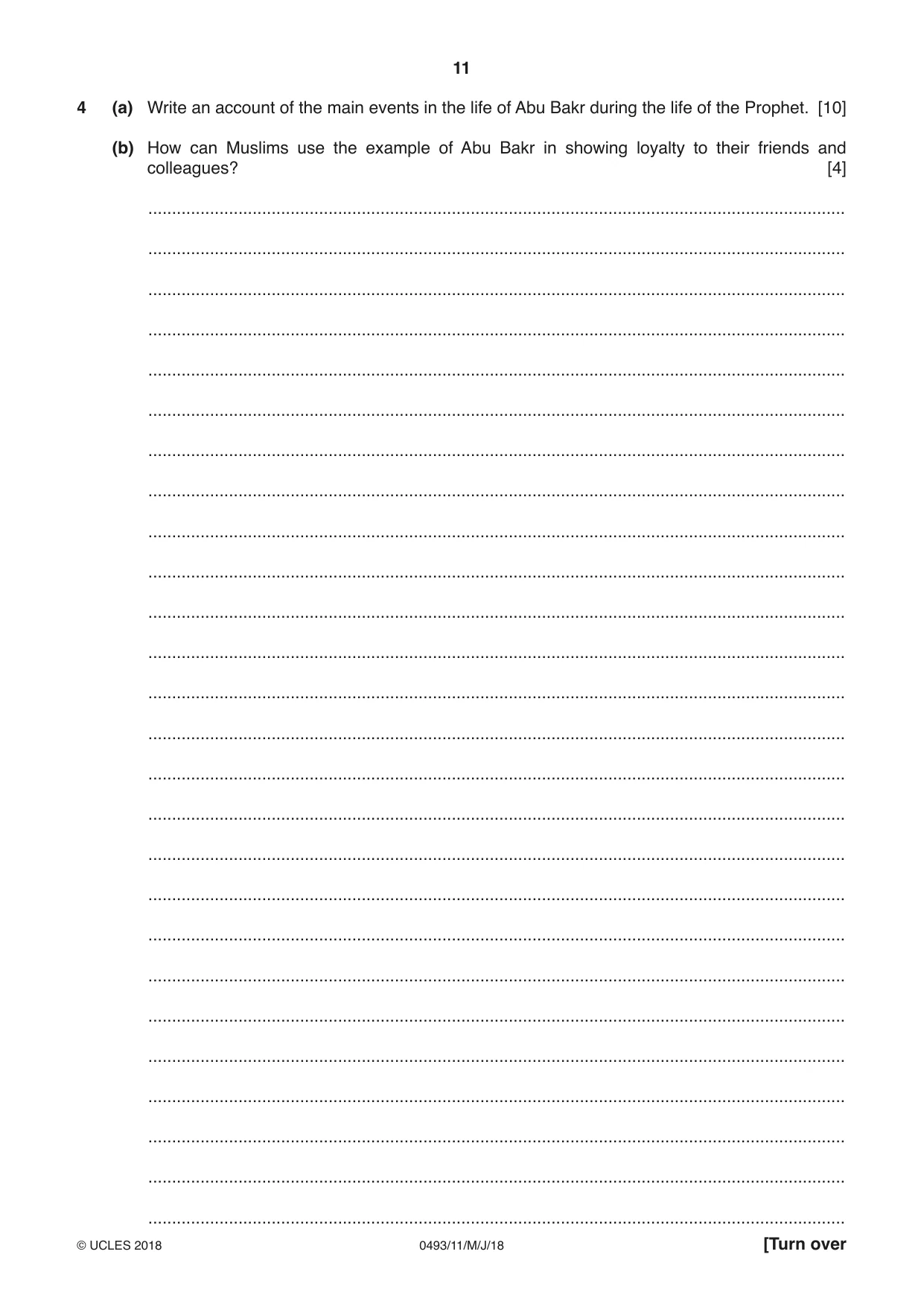Cambridge IGCSE Islamiyat 0493 2018 May/June Paper 1 · Variant 1 question paper, page 11 of 16