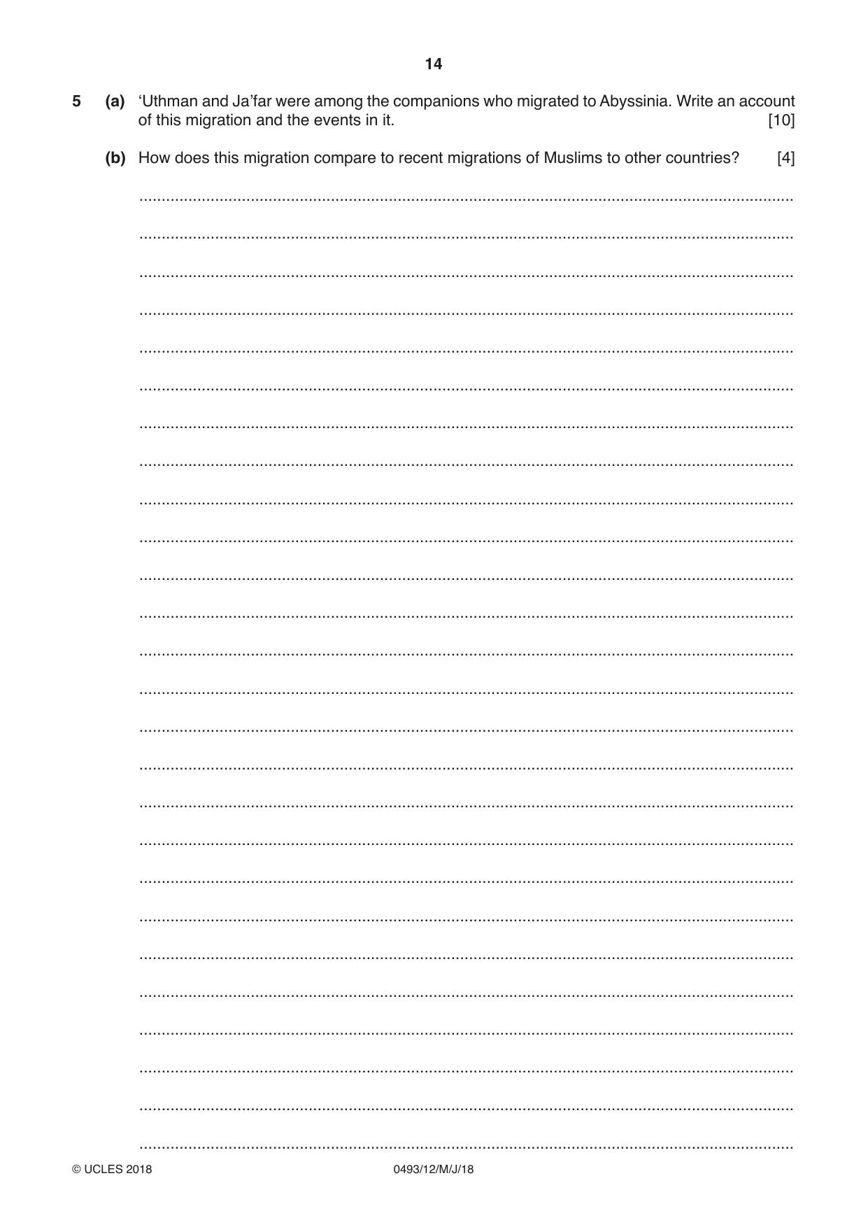 Cambridge IGCSE Islamiyat 0493 2018 May/June Paper 1 · Variant 2 question paper, page 14 of 16