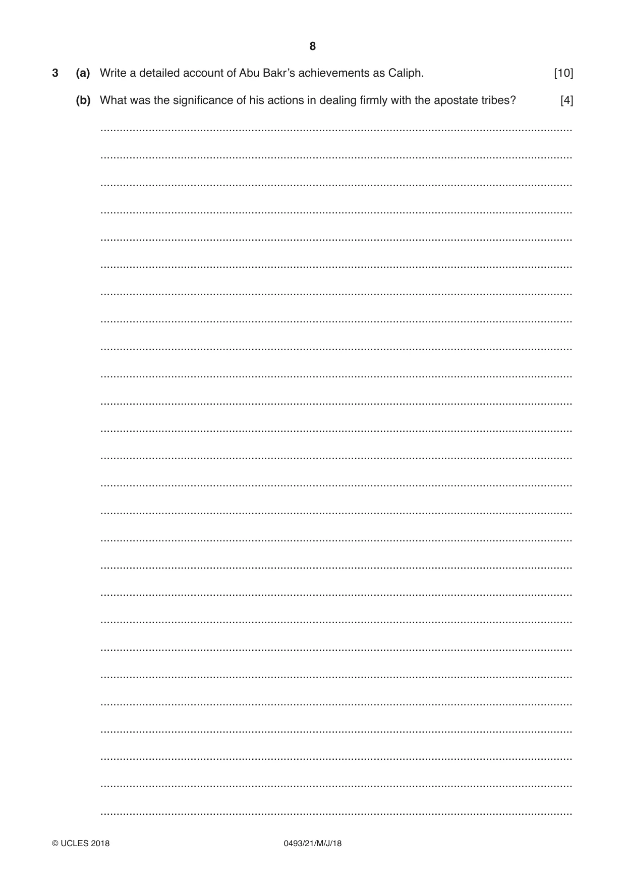 Cambridge IGCSE Islamiyat 0493 2018 May/June Paper 2 · Variant 1 question paper, page 8 of 16