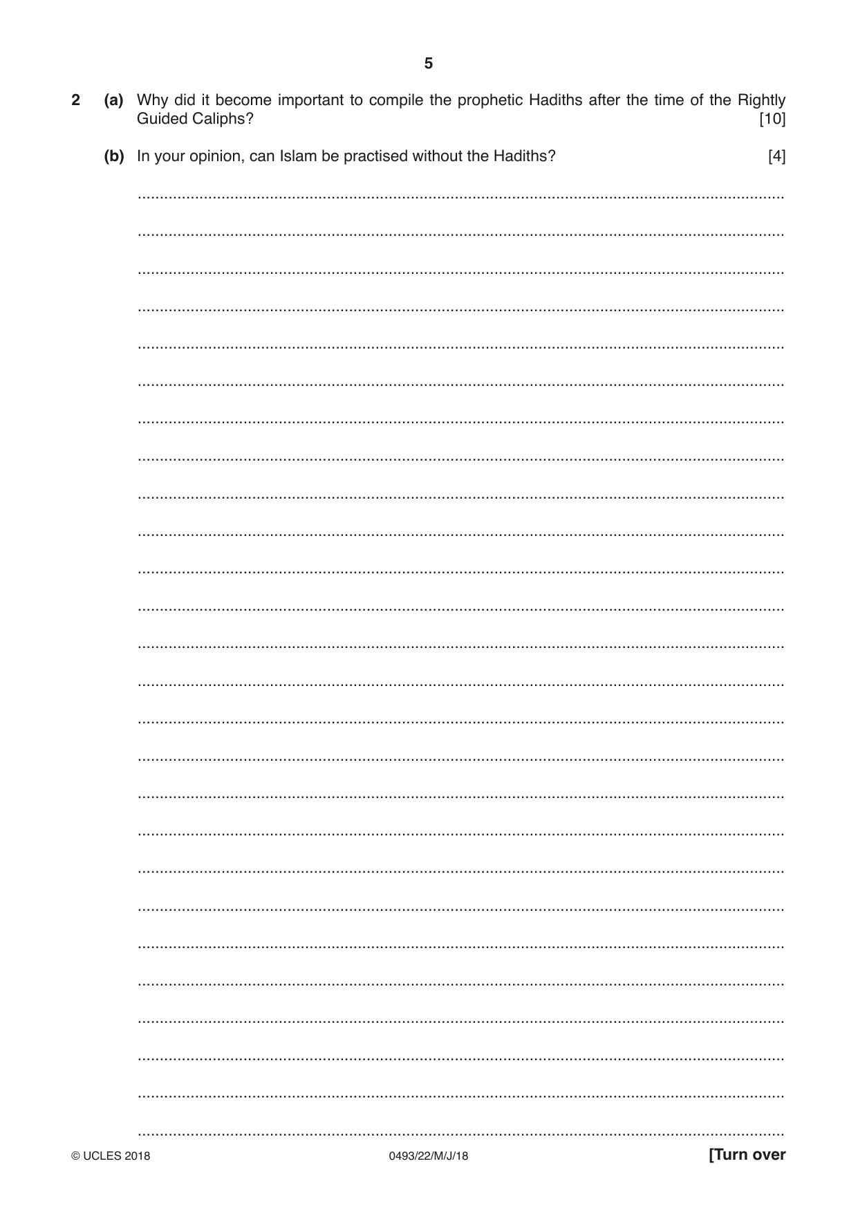 Cambridge IGCSE Islamiyat 0493 2018 May/June Paper 2 · Variant 2 question paper, page 5 of 16