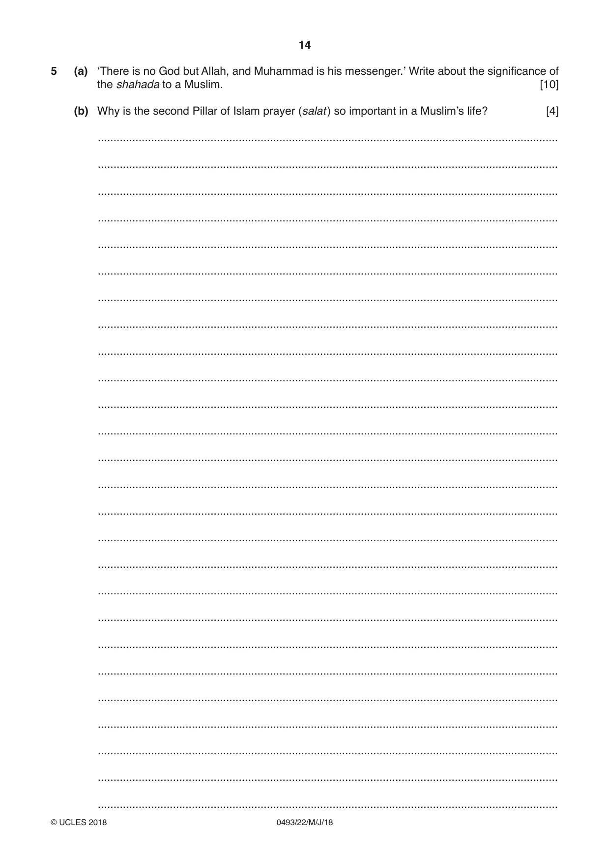 Cambridge IGCSE Islamiyat 0493 2018 May/June Paper 2 · Variant 2 question paper, page 14 of 16