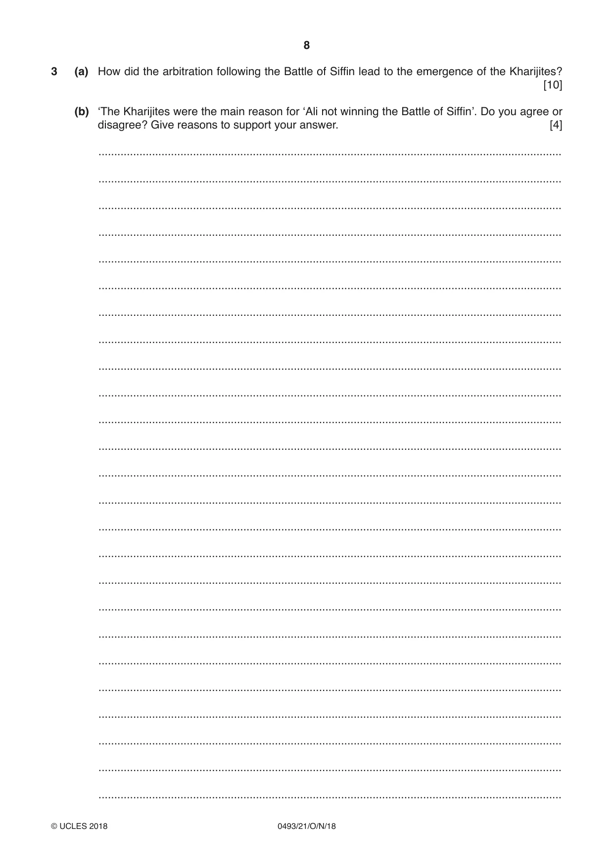 Cambridge IGCSE Islamiyat 0493 2018 Oct/Nov Paper 2 · Variant 1 question paper, page 8 of 16