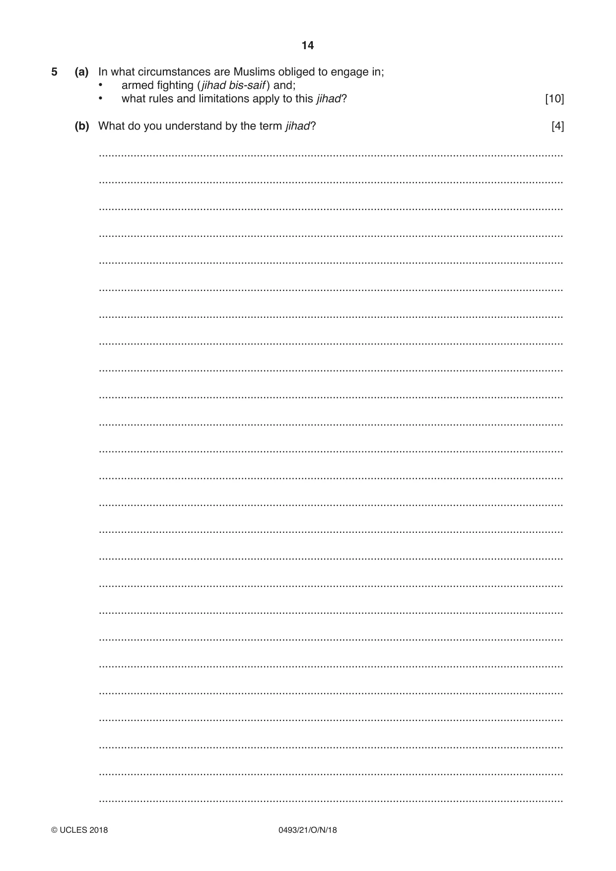 Cambridge IGCSE Islamiyat 0493 2018 Oct/Nov Paper 2 · Variant 1 question paper, page 14 of 16