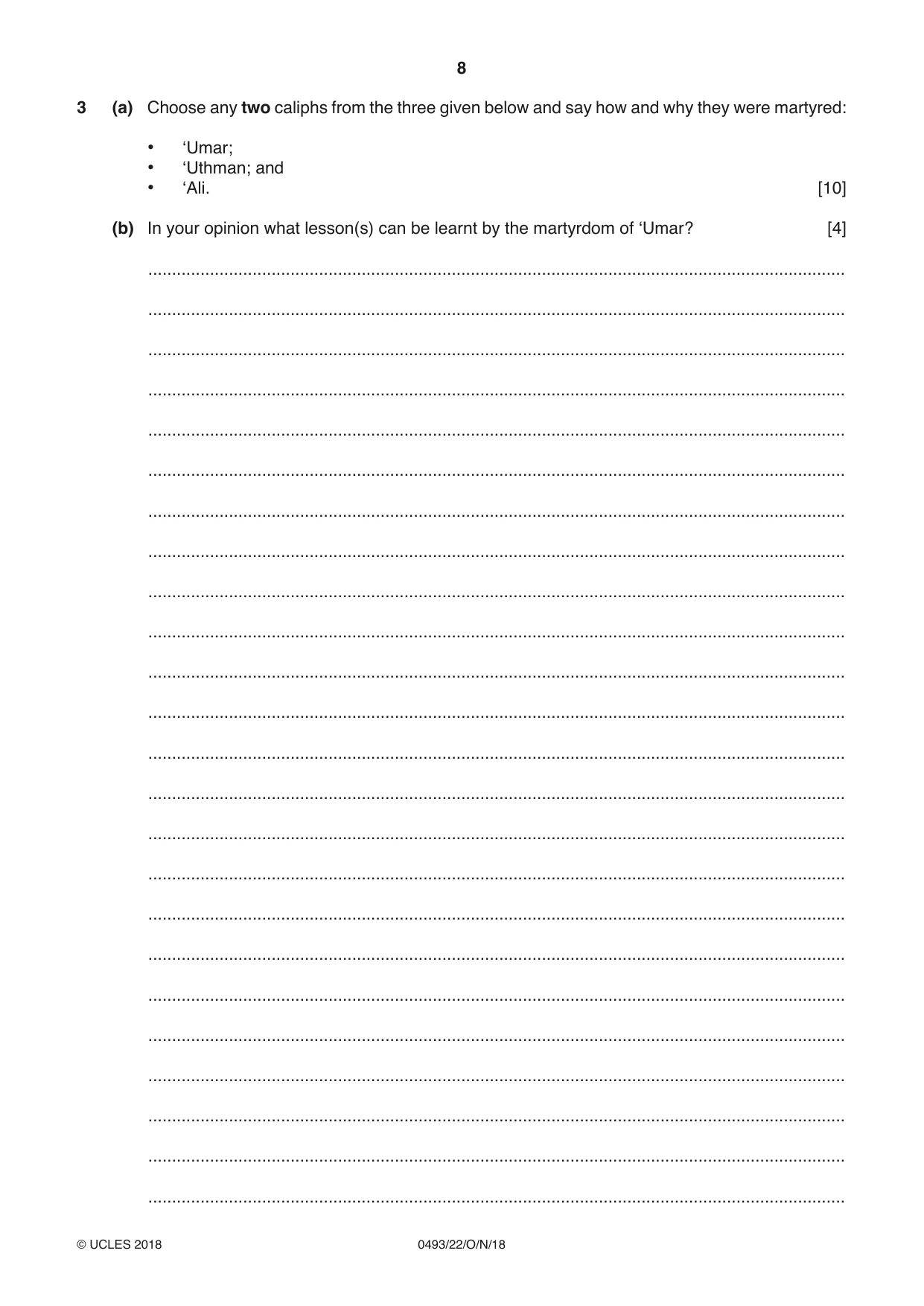 Cambridge IGCSE Islamiyat 0493 2018 Oct/Nov Paper 2 · Variant 2 question paper, page 8 of 16