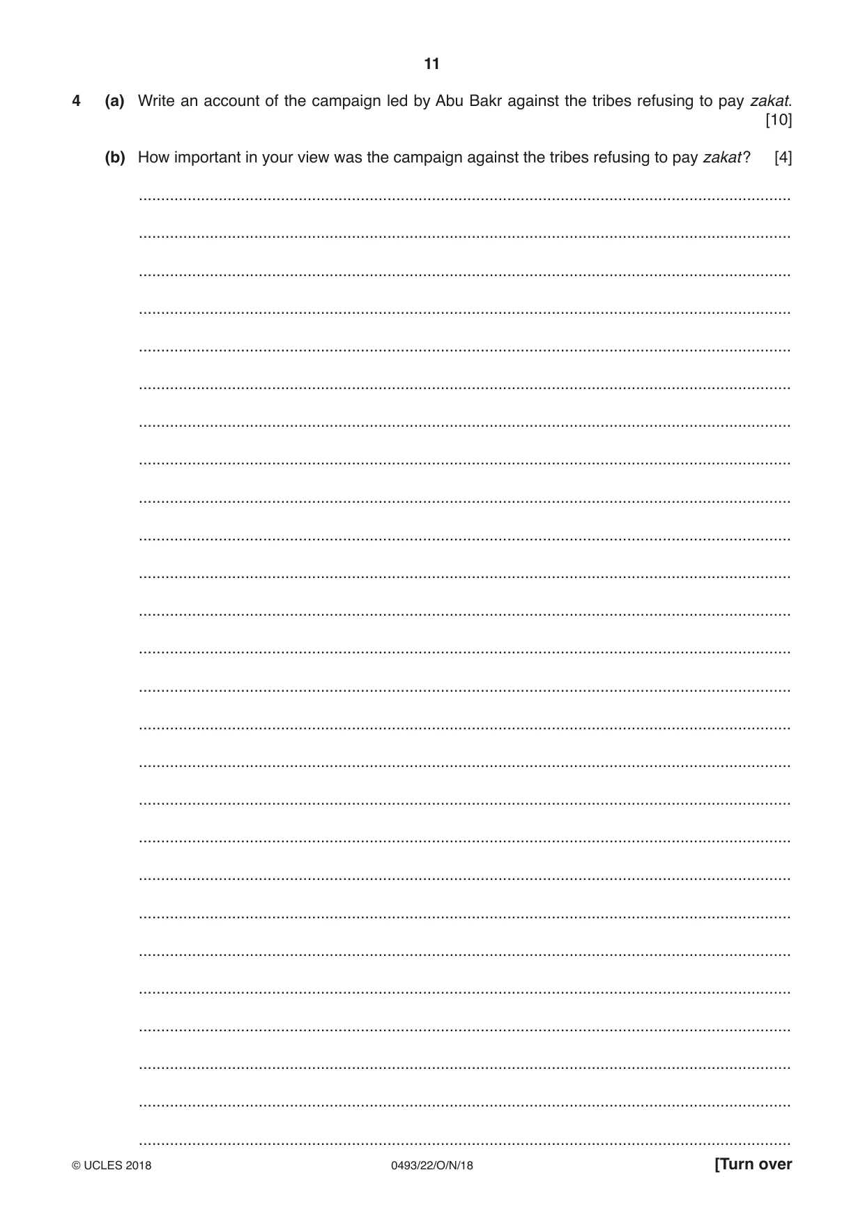 Cambridge IGCSE Islamiyat 0493 2018 Oct/Nov Paper 2 · Variant 2 question paper, page 11 of 16