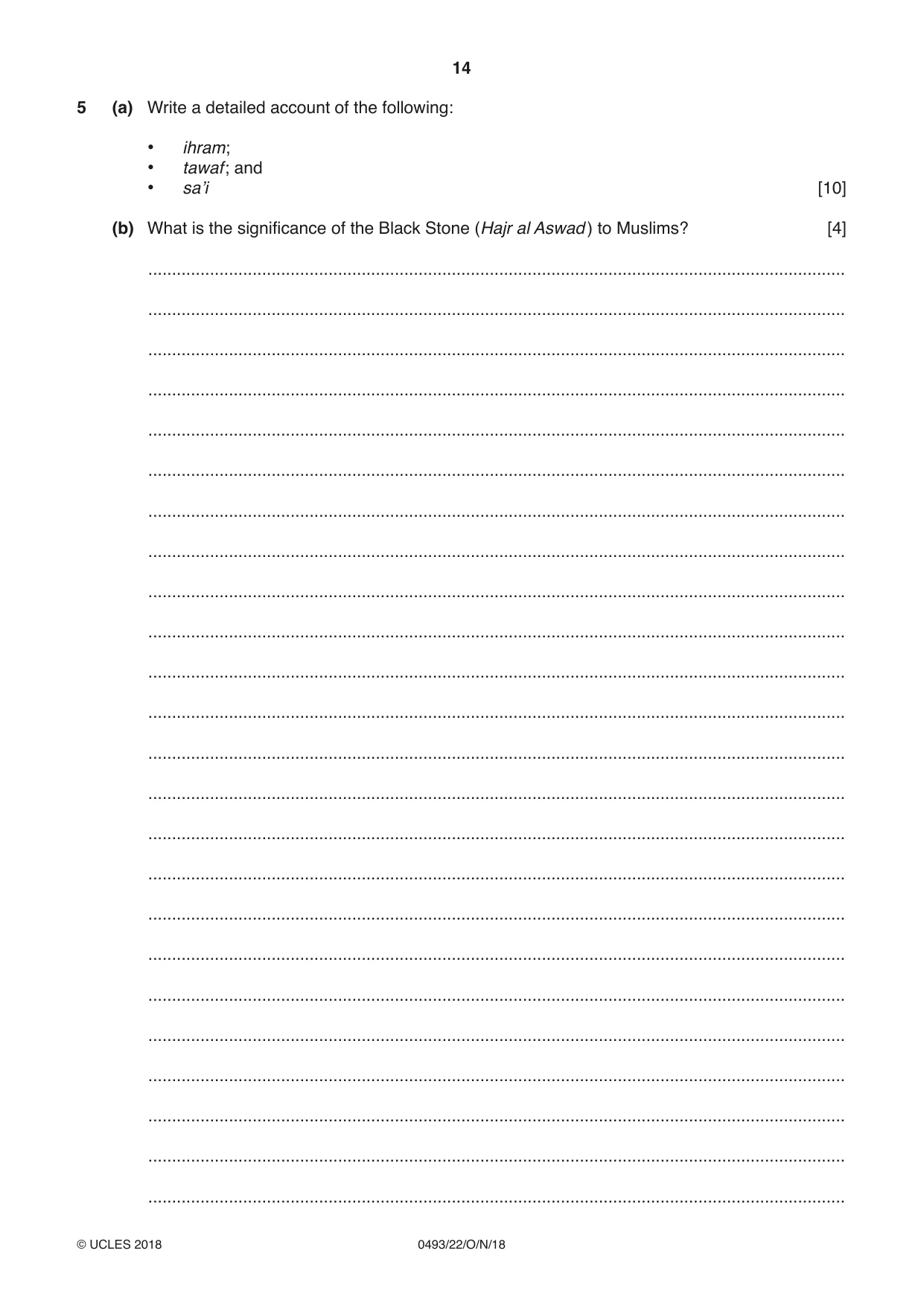 Cambridge IGCSE Islamiyat 0493 2018 Oct/Nov Paper 2 · Variant 2 question paper, page 14 of 16