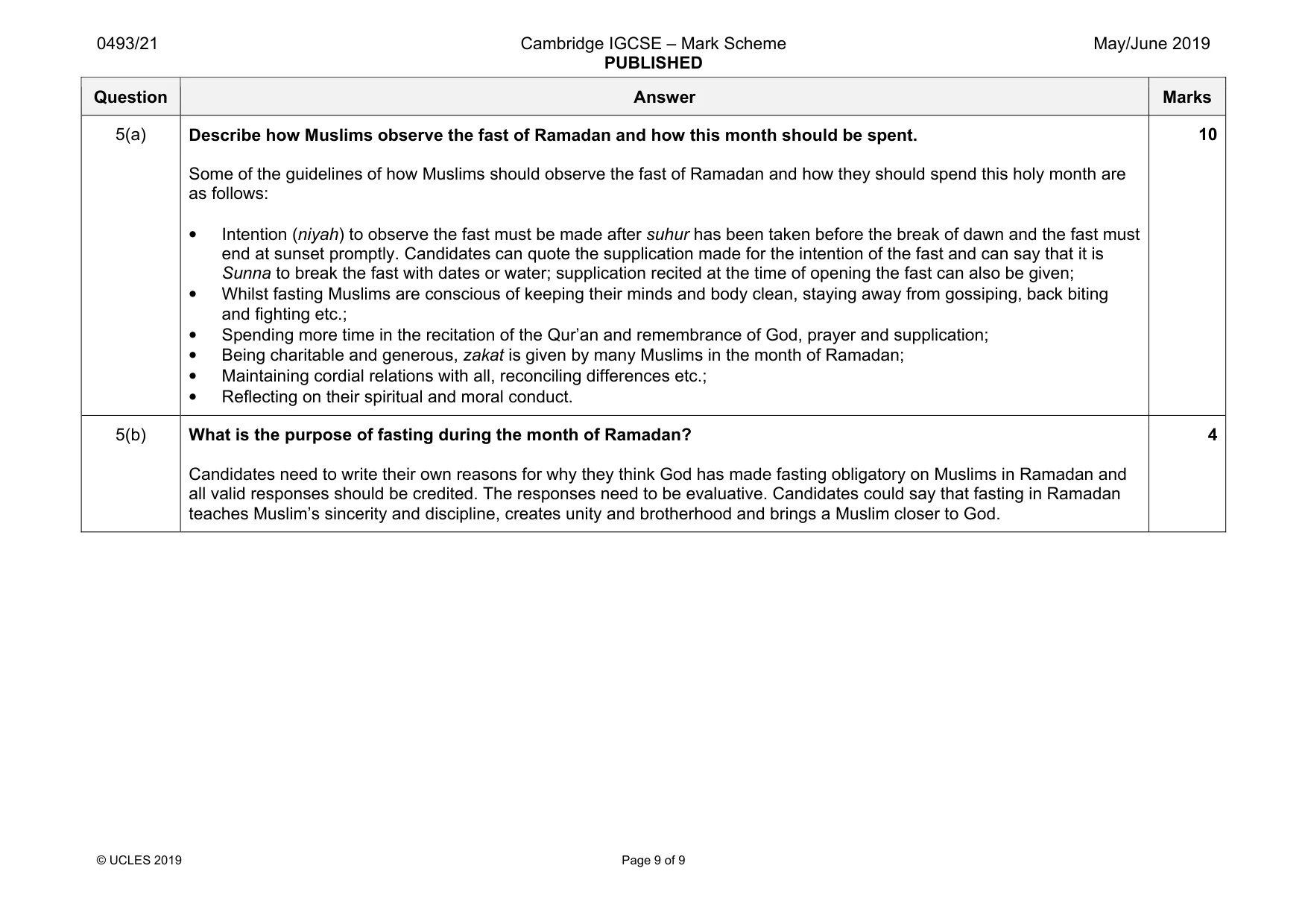 Mark scheme, page 9 of 9