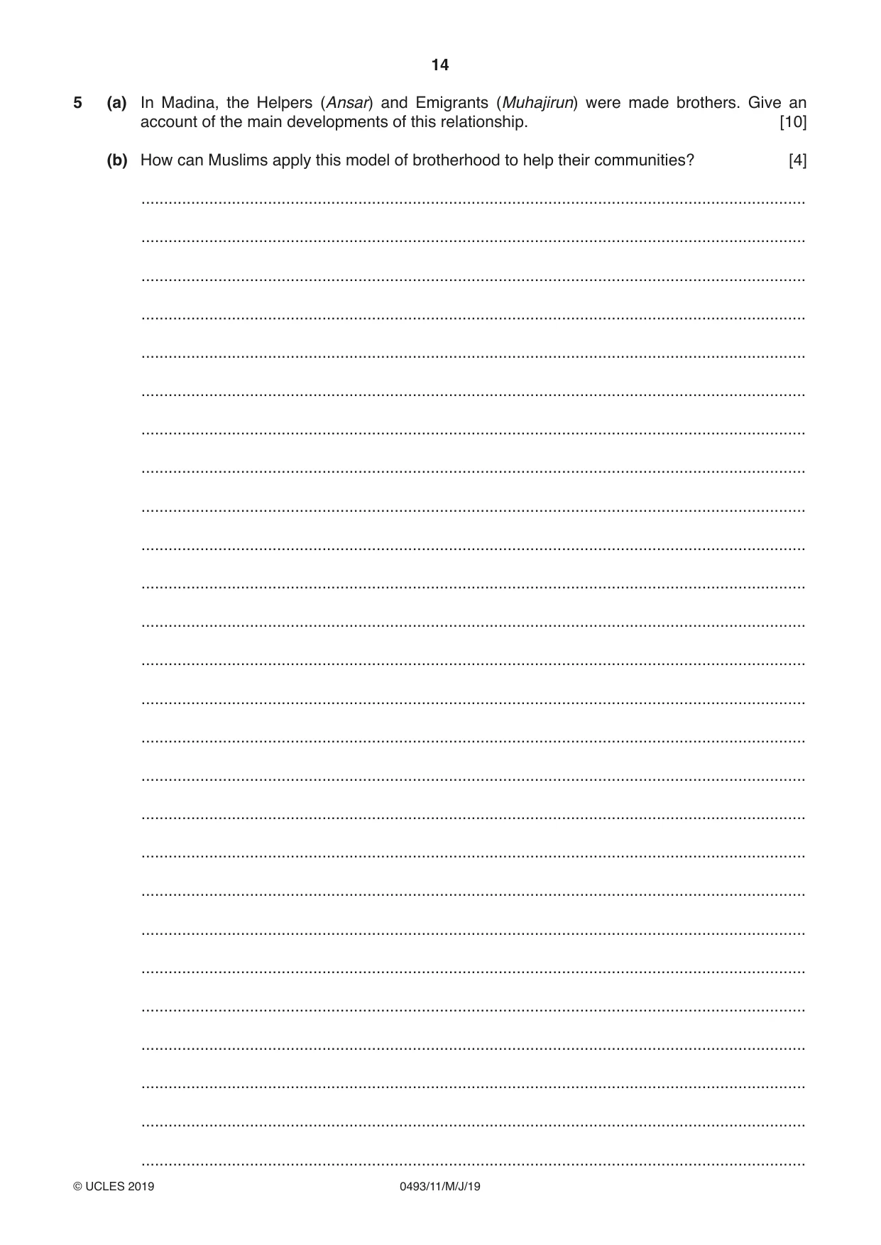 Cambridge IGCSE Islamiyat 0493 2019 May/June Paper 1 · Variant 1 question paper, page 14 of 16