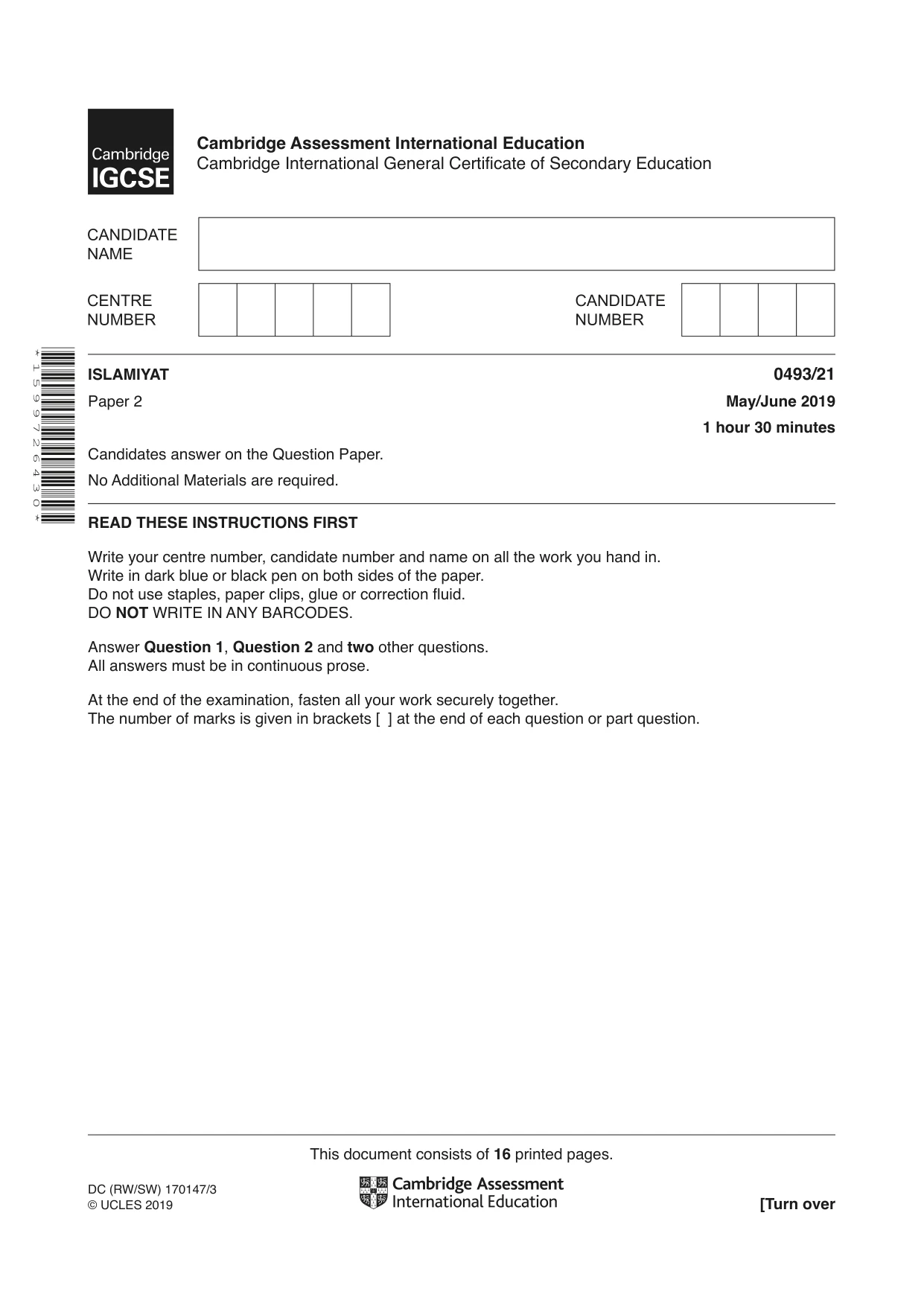 Cambridge IGCSE Islamiyat 0493 2019 May/June Paper 2 · Variant 1 question paper, page 1 of 16