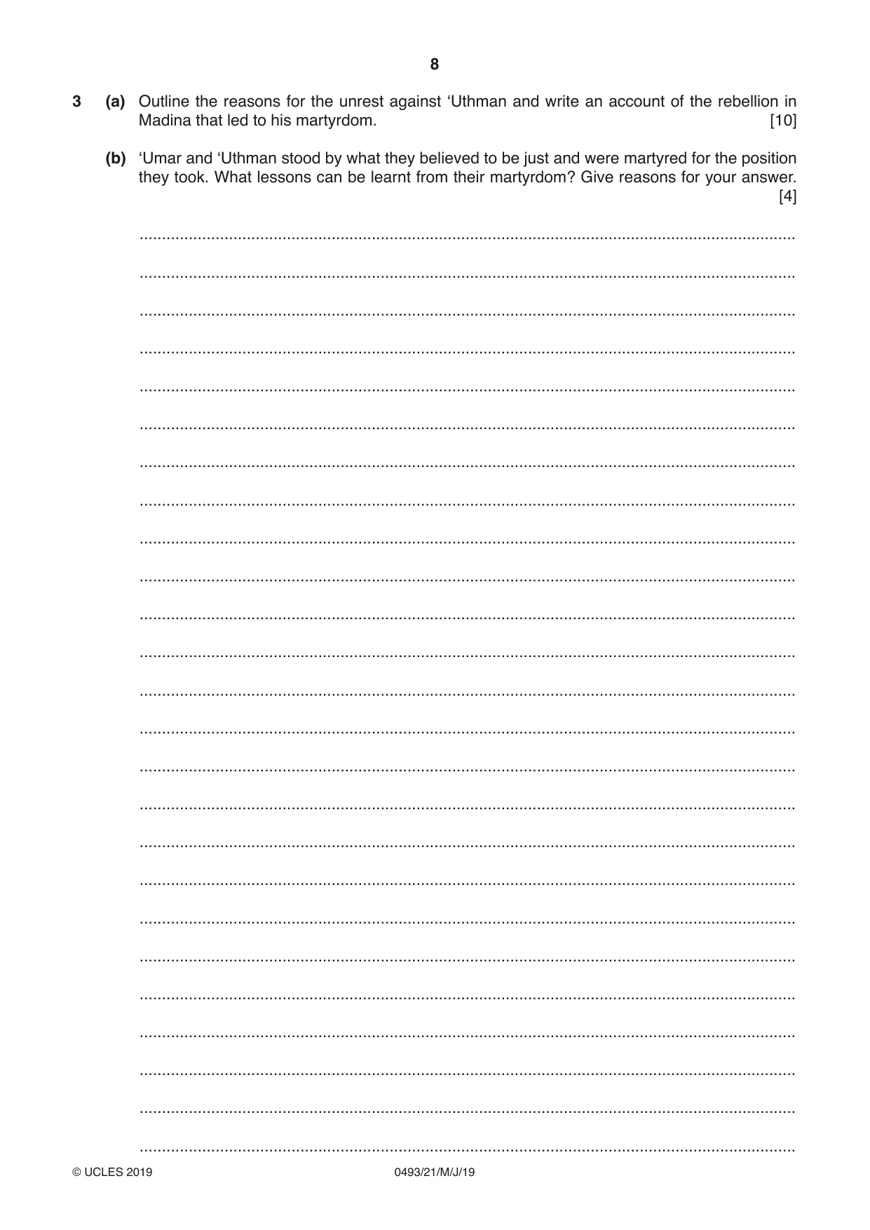 Cambridge IGCSE Islamiyat 0493 2019 May/June Paper 2 · Variant 1 question paper, page 8 of 16