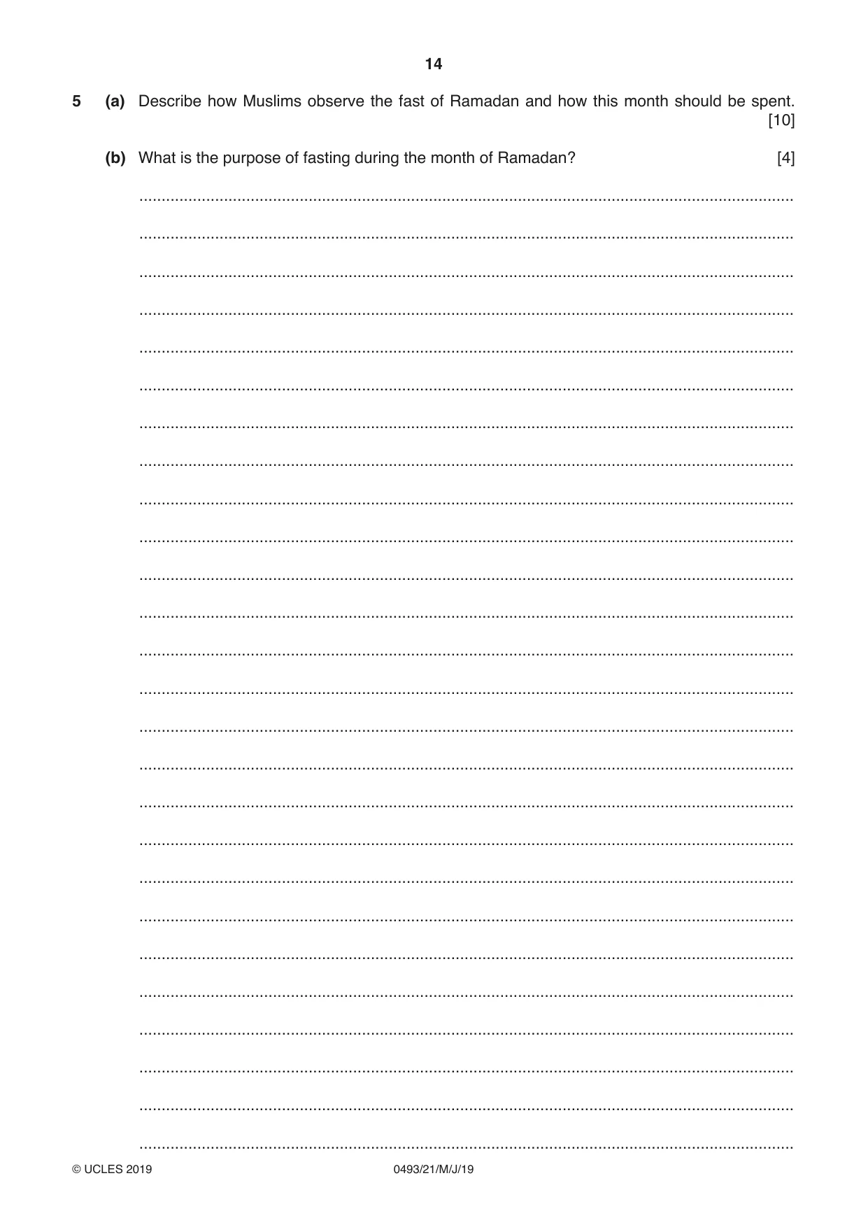 Cambridge IGCSE Islamiyat 0493 2019 May/June Paper 2 · Variant 1 question paper, page 14 of 16