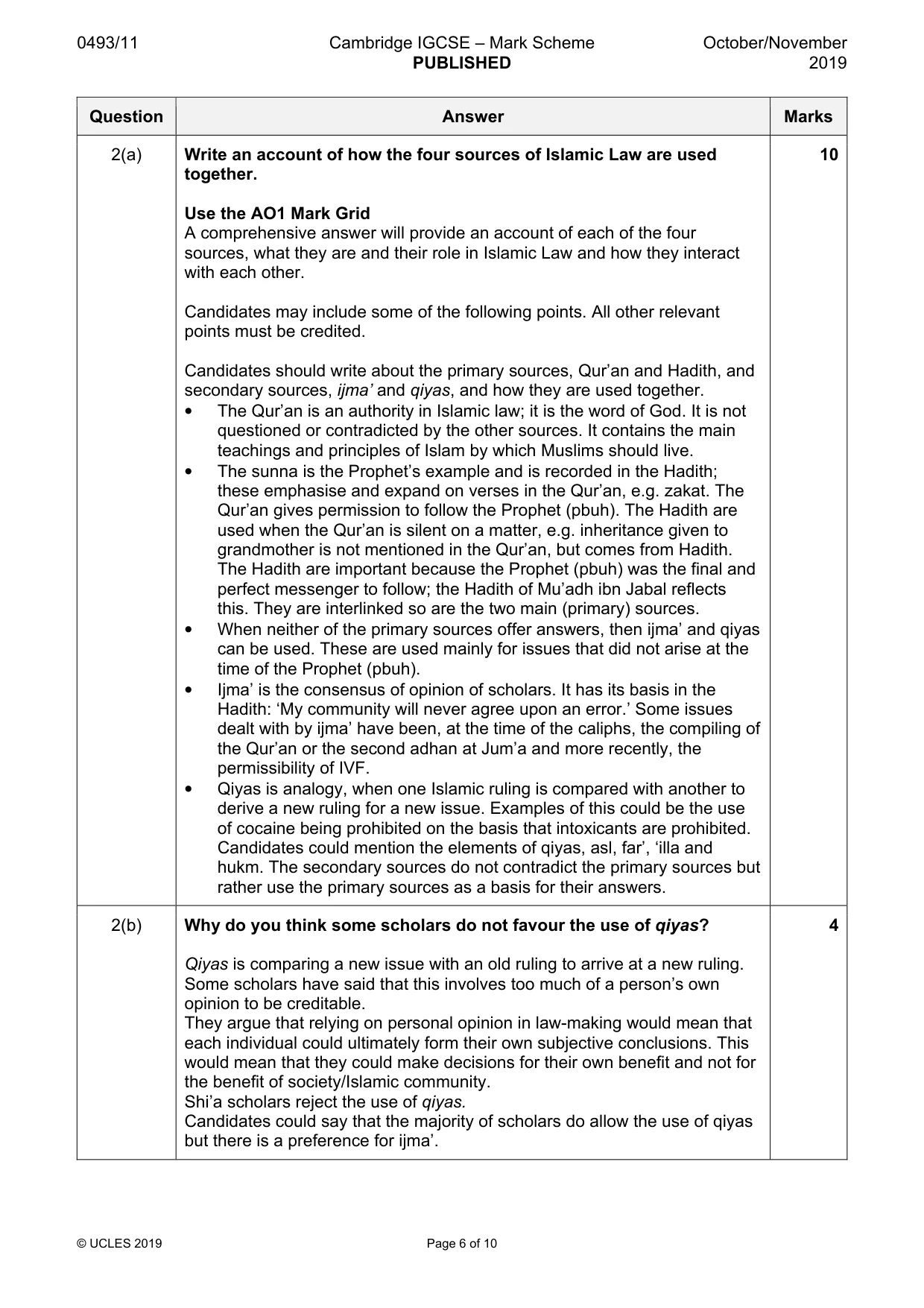 Mark scheme, page 6 of 10