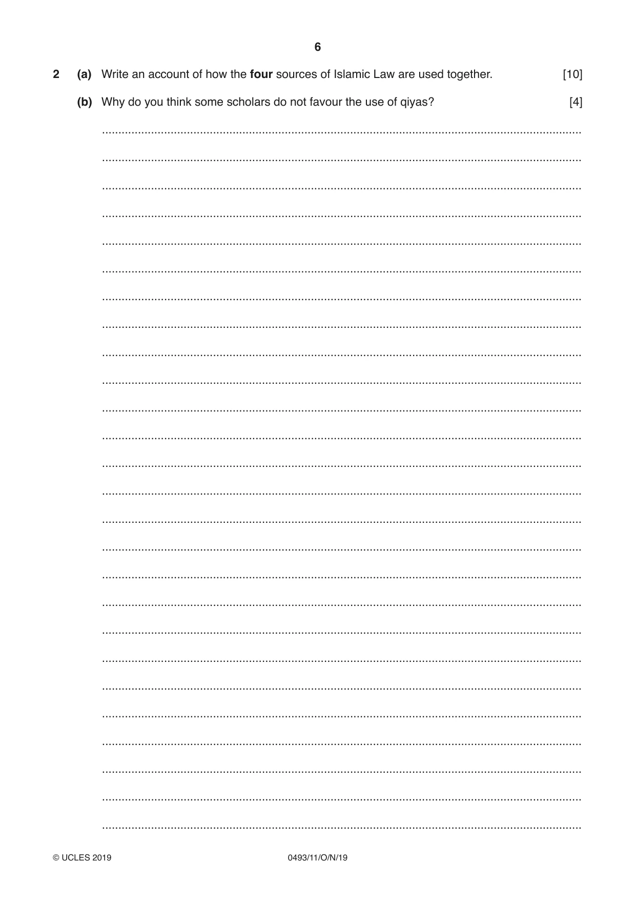 Cambridge IGCSE Islamiyat 0493 2019 Oct/Nov Paper 1 · Variant 1 question paper, page 6 of 20