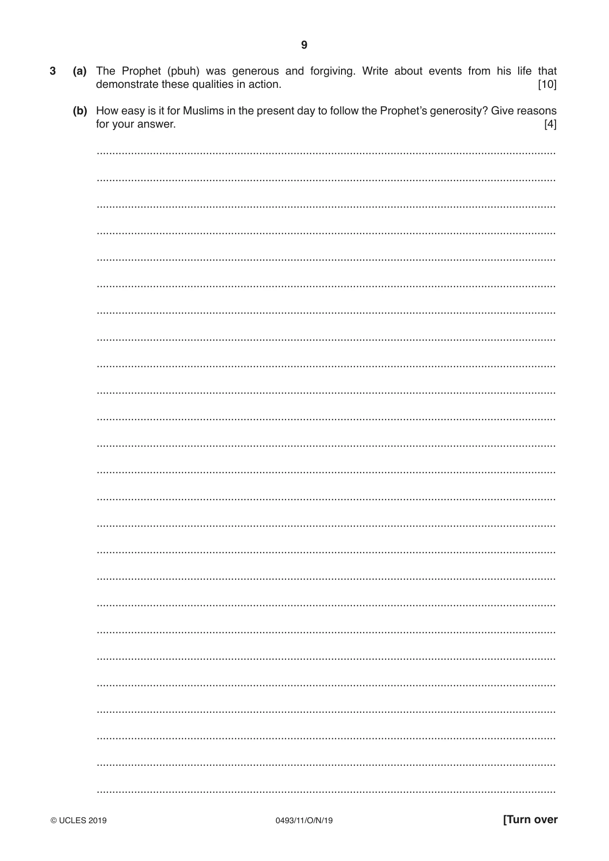Cambridge IGCSE Islamiyat 0493 2019 Oct/Nov Paper 1 · Variant 1 question paper, page 9 of 20