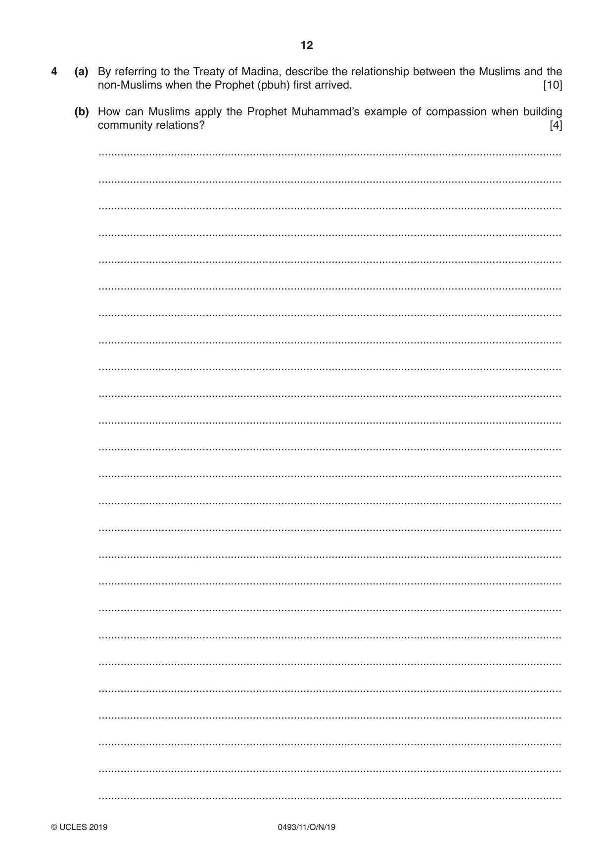 Cambridge IGCSE Islamiyat 0493 2019 Oct/Nov Paper 1 · Variant 1 question paper, page 12 of 20