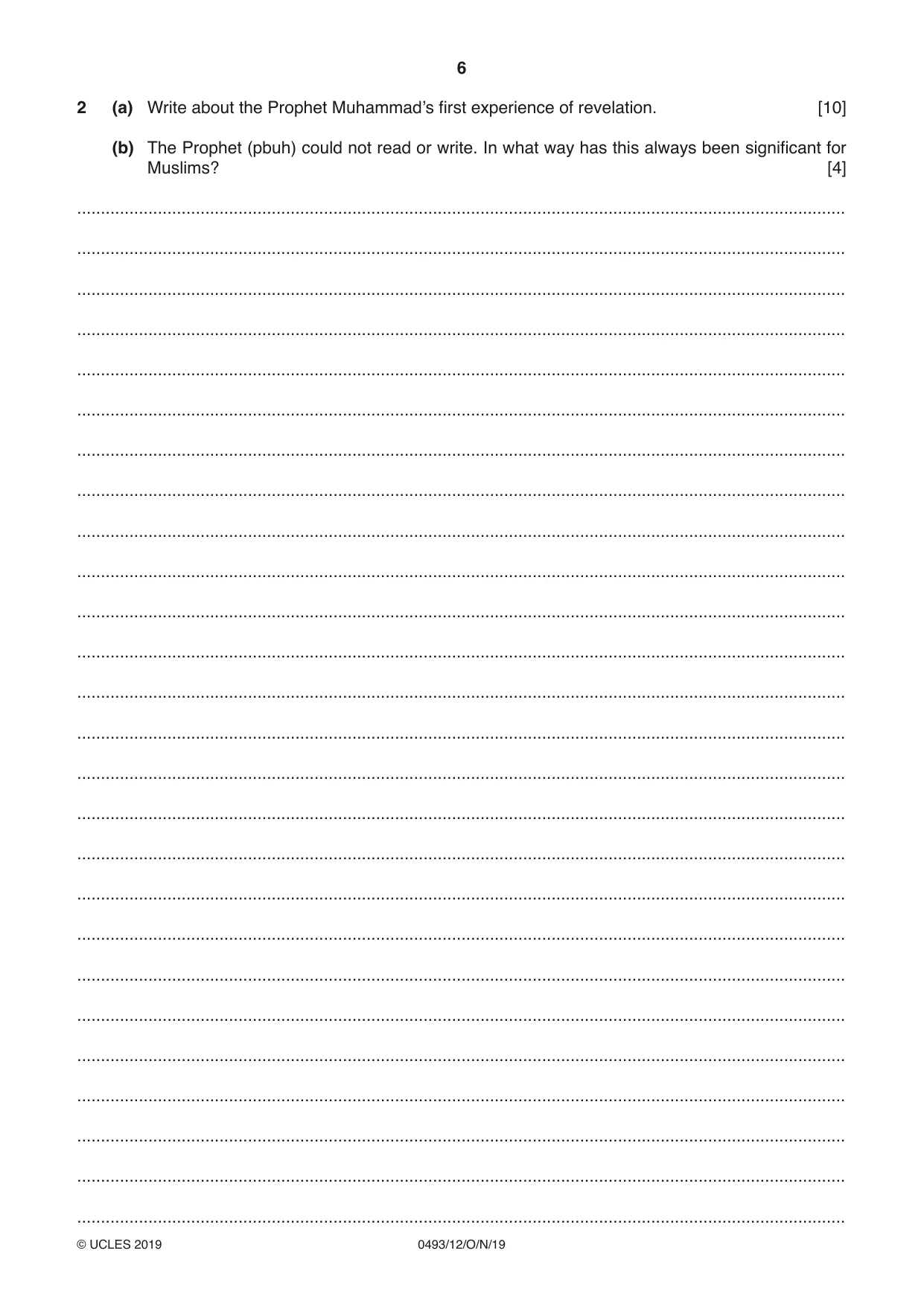 Cambridge IGCSE Islamiyat 0493 2019 Oct/Nov Paper 1 · Variant 2 question paper, page 6 of 20