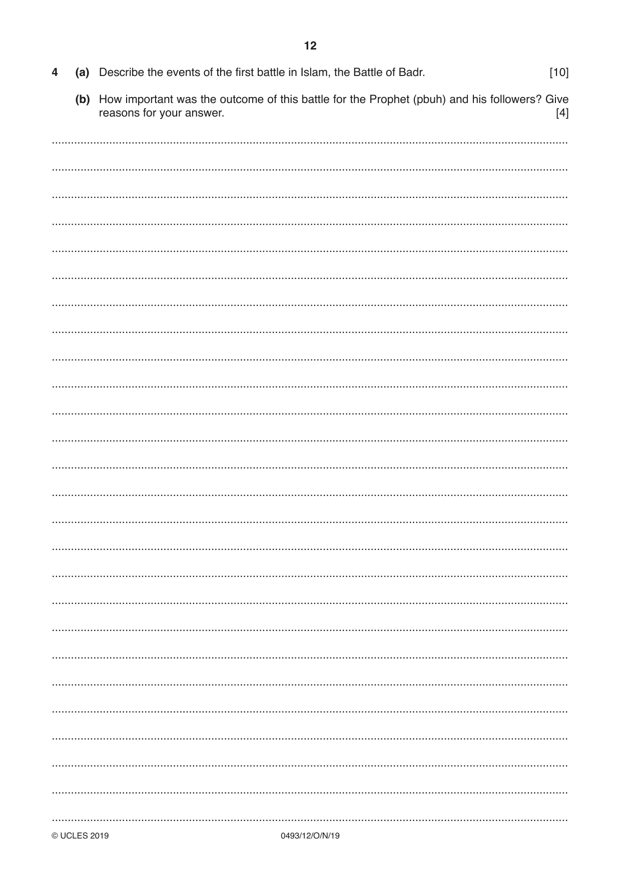 Cambridge IGCSE Islamiyat 0493 2019 Oct/Nov Paper 1 · Variant 2 question paper, page 12 of 20