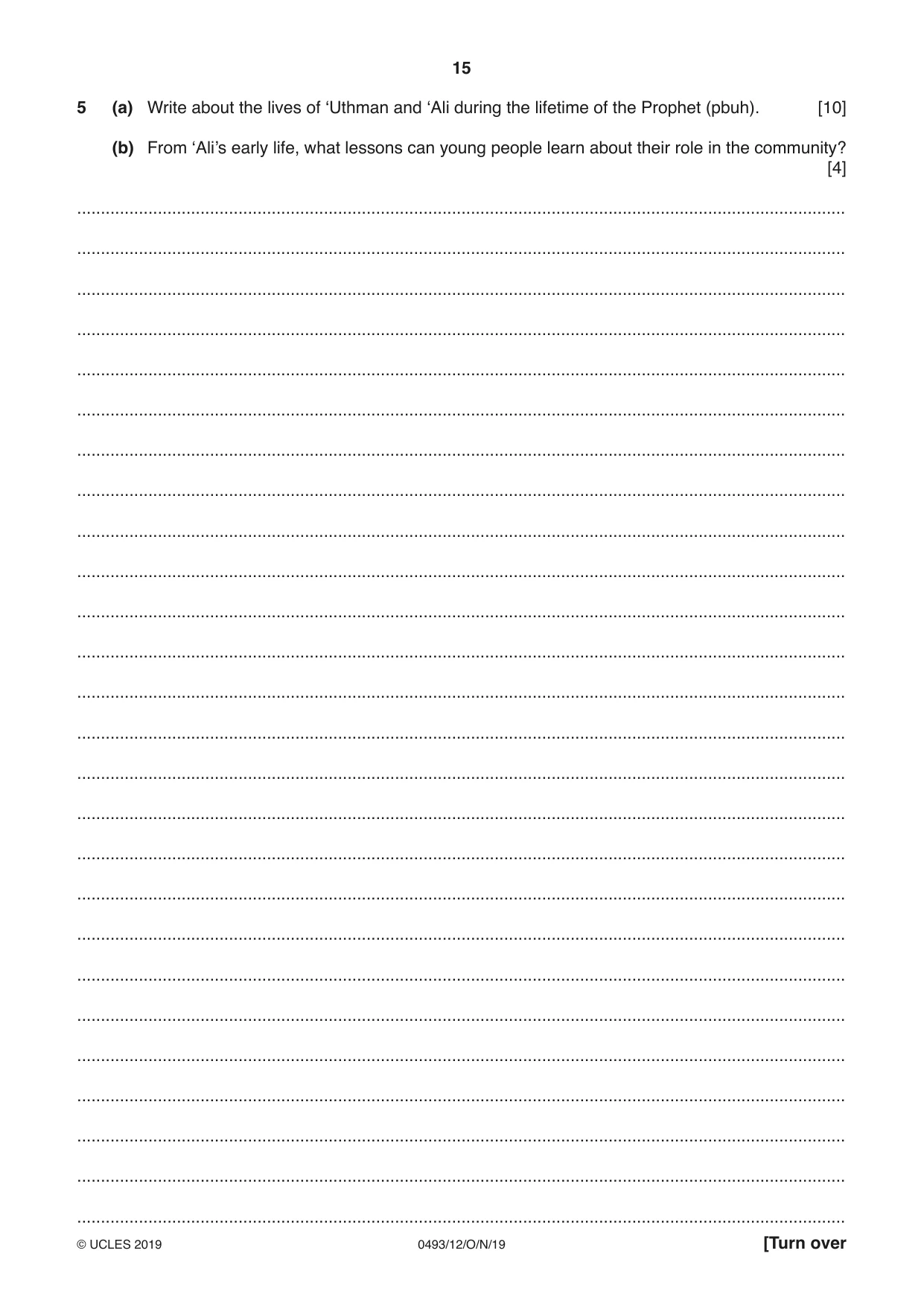 Cambridge IGCSE Islamiyat 0493 2019 Oct/Nov Paper 1 · Variant 2 question paper, page 15 of 20