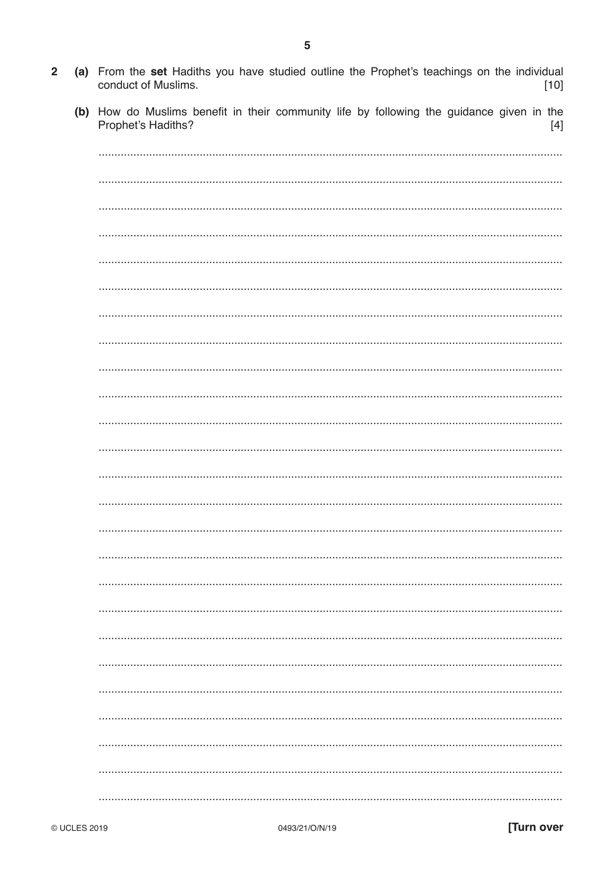 Cambridge IGCSE Islamiyat 0493 2019 Oct/Nov Paper 2 · Variant 1 question paper, page 5 of 16