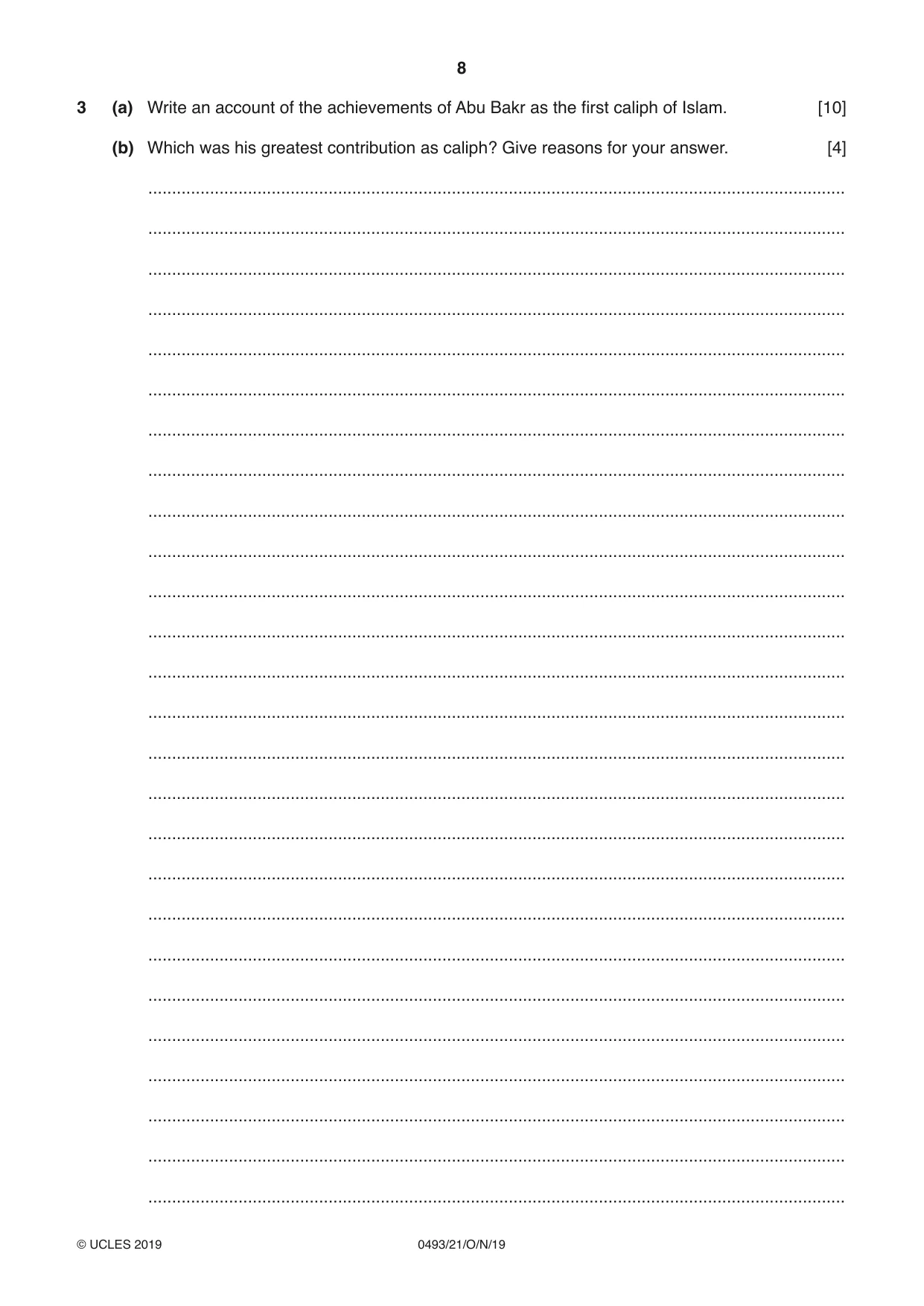 Cambridge IGCSE Islamiyat 0493 2019 Oct/Nov Paper 2 · Variant 1 question paper, page 8 of 16