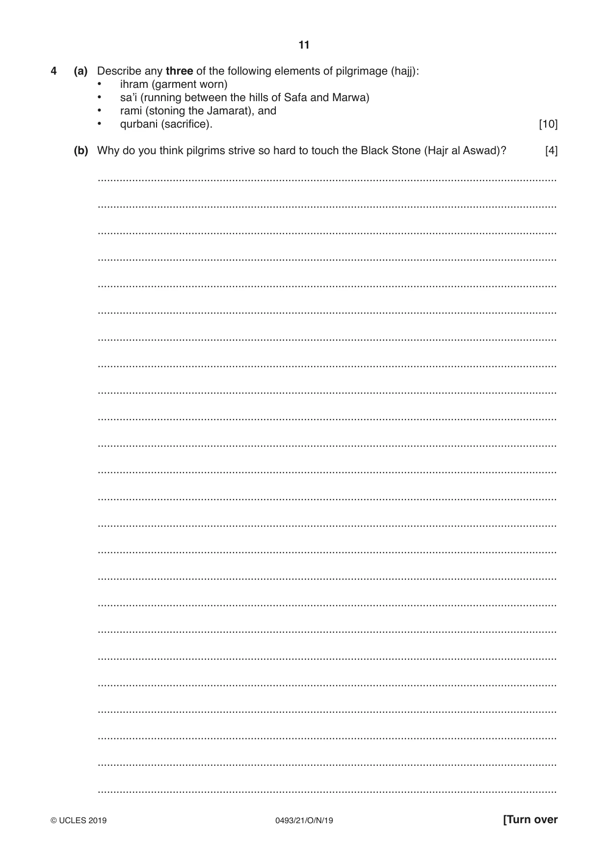 Cambridge IGCSE Islamiyat 0493 2019 Oct/Nov Paper 2 · Variant 1 question paper, page 11 of 16
