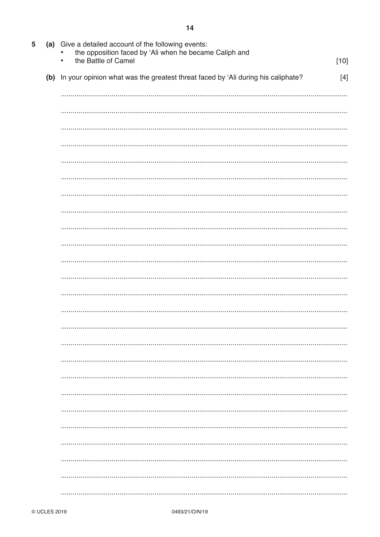 Cambridge IGCSE Islamiyat 0493 2019 Oct/Nov Paper 2 · Variant 1 question paper, page 14 of 16