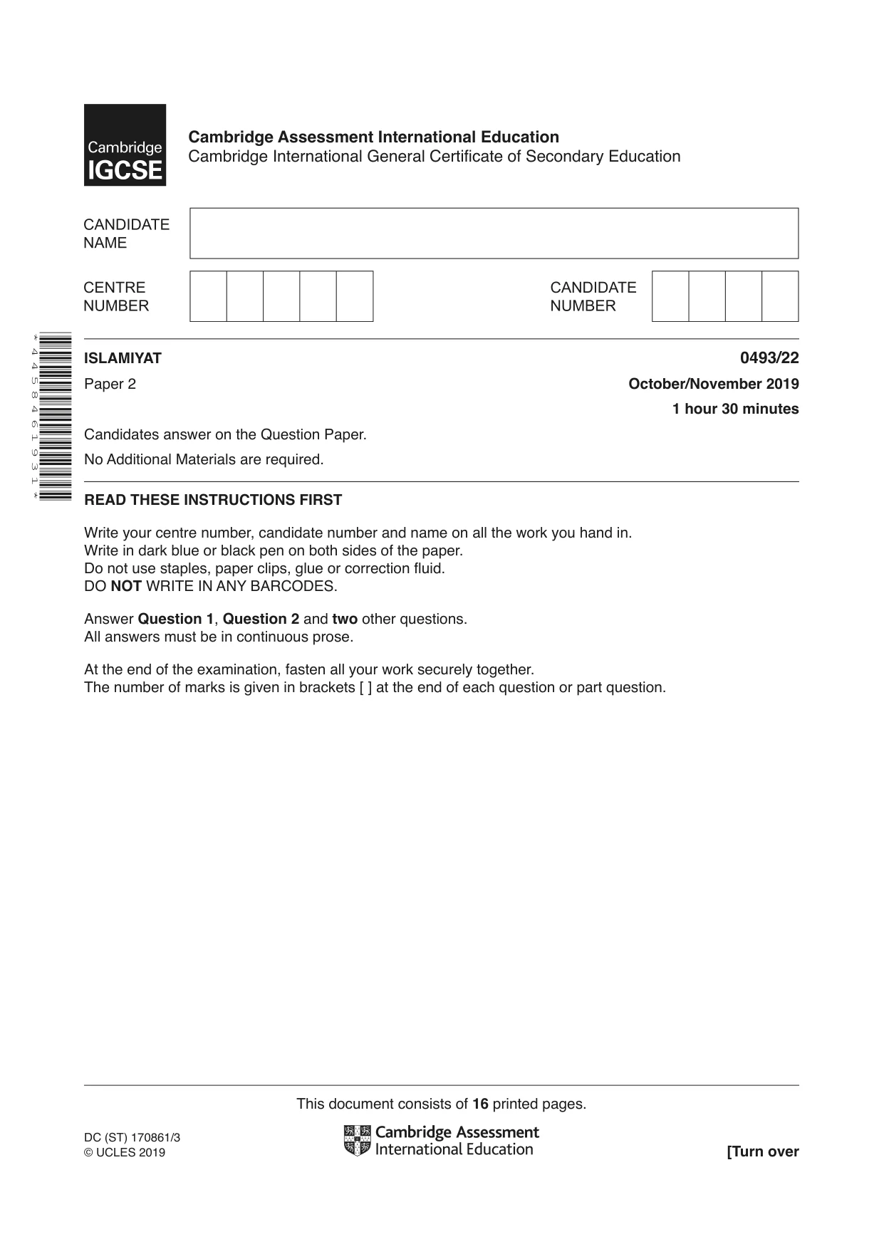 Cambridge IGCSE Islamiyat 0493 2019 Oct/Nov Paper 2 · Variant 2 question paper, page 1 of 16