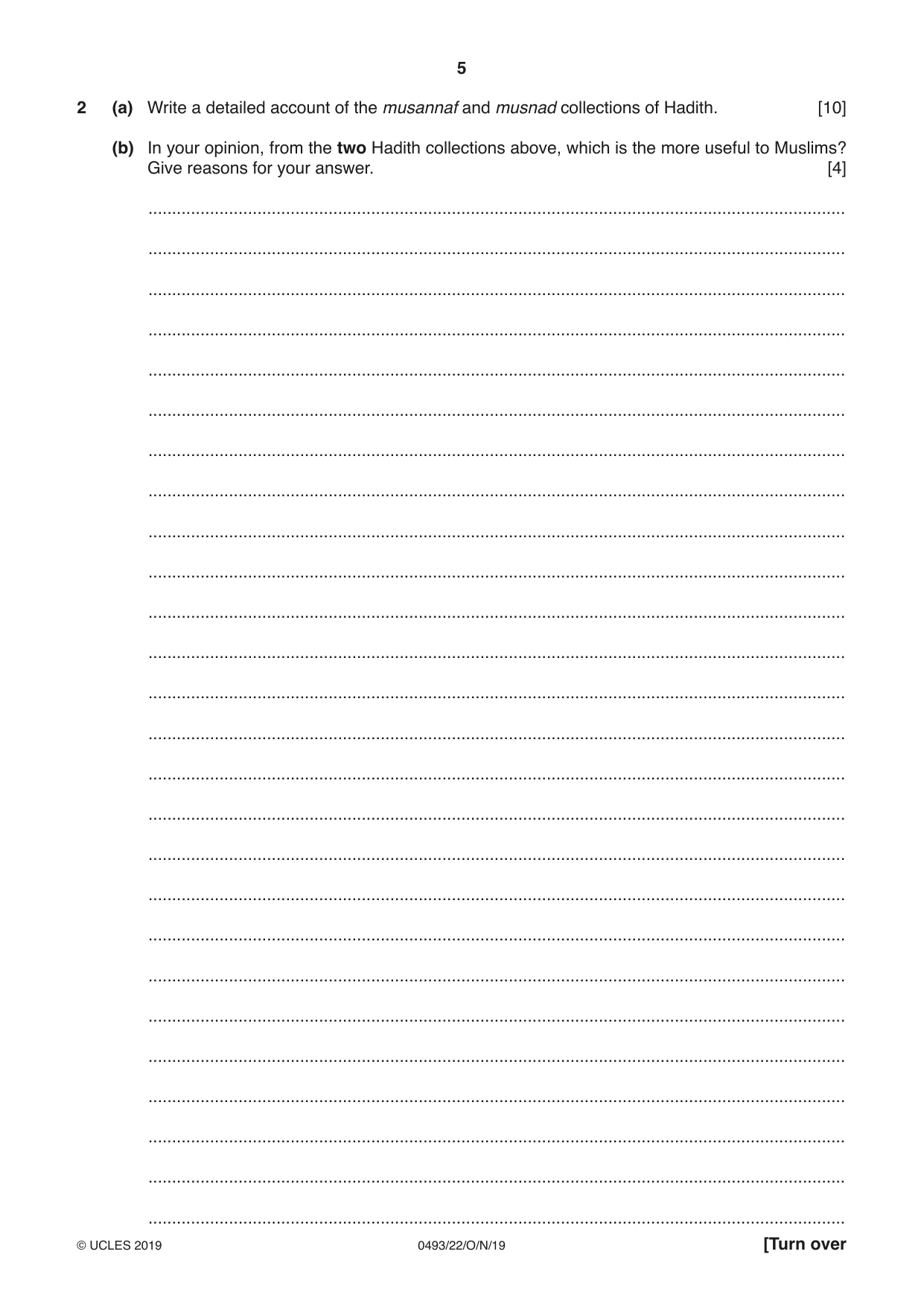 Cambridge IGCSE Islamiyat 0493 2019 Oct/Nov Paper 2 · Variant 2 question paper, page 5 of 16