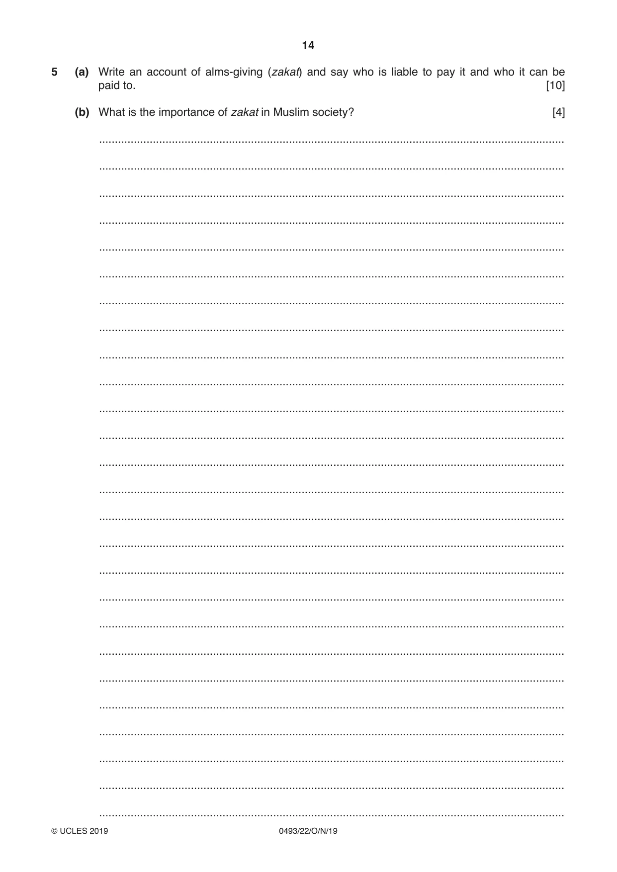 Cambridge IGCSE Islamiyat 0493 2019 Oct/Nov Paper 2 · Variant 2 question paper, page 14 of 16