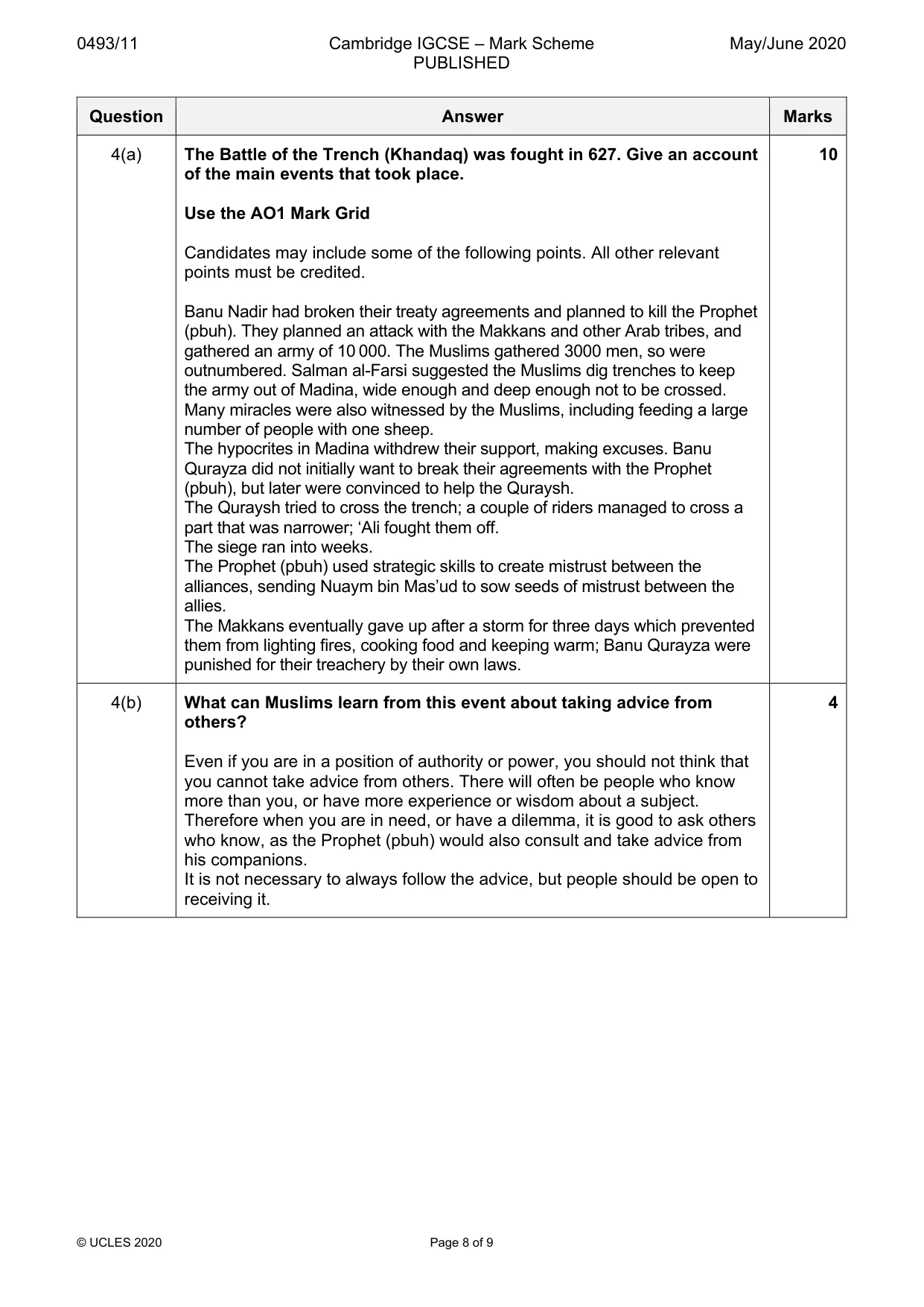 Mark scheme, page 8 of 9