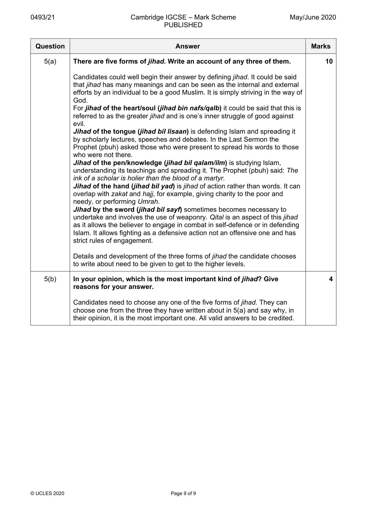 Mark scheme, page 9 of 9