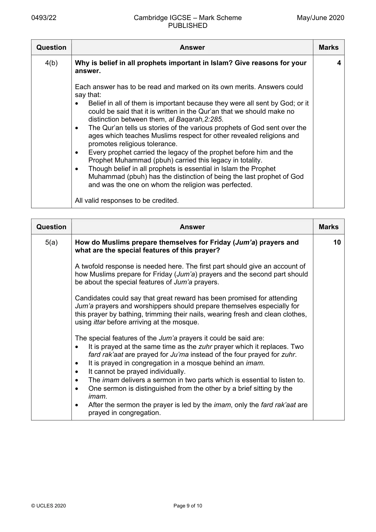 Mark scheme, page 9 of 10