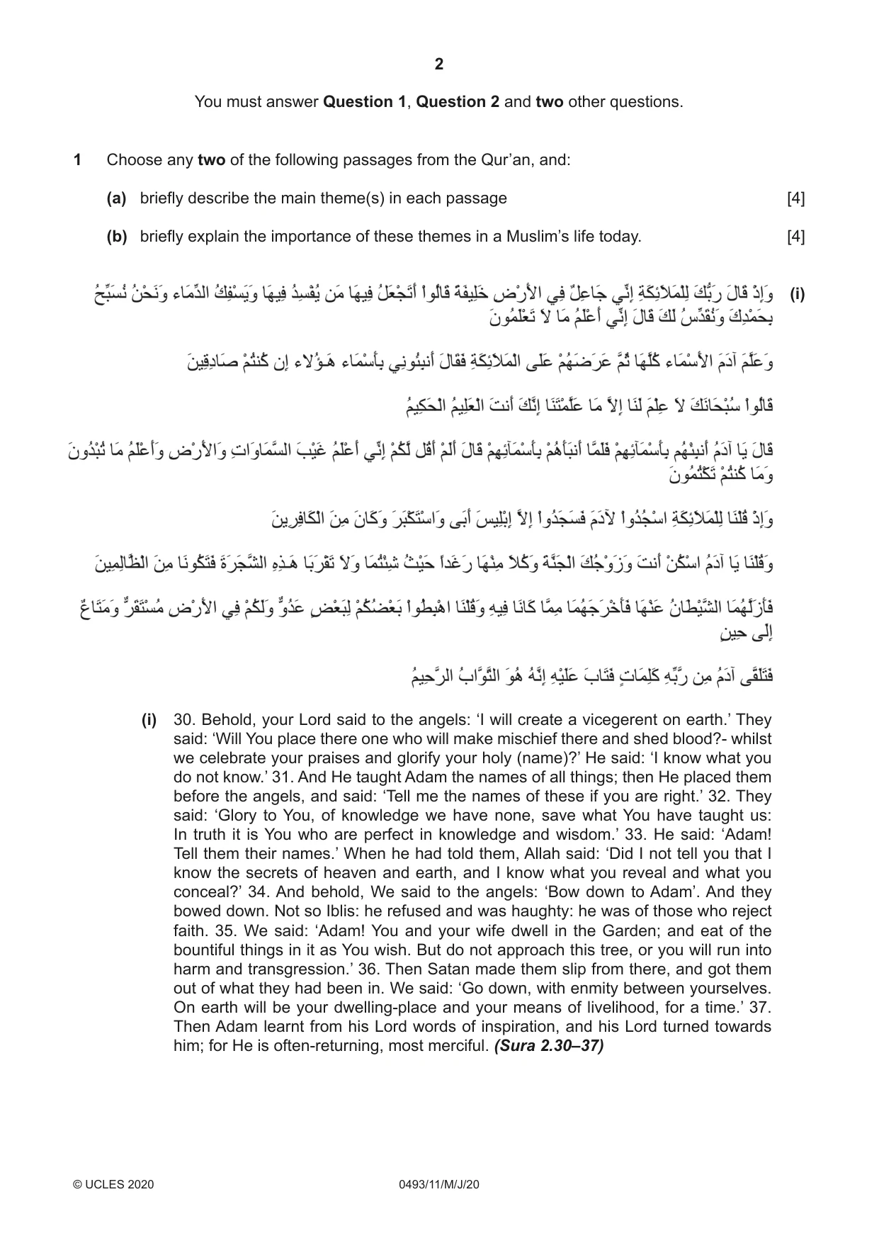 Cambridge IGCSE Islamiyat 0493 2020 May/June Paper 1 · Variant 1 question paper, page 2 of 20