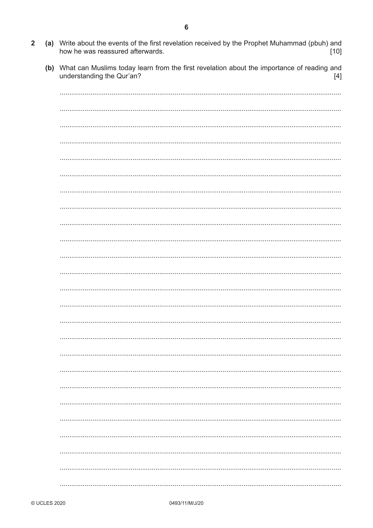Cambridge IGCSE Islamiyat 0493 2020 May/June Paper 1 · Variant 1 question paper, page 6 of 20