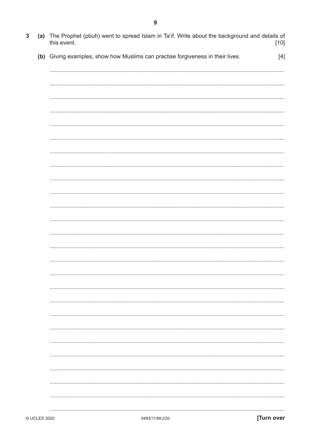 Cambridge IGCSE Islamiyat 0493 2020 May/June Paper 1 · Variant 1 question paper, page 9 of 20