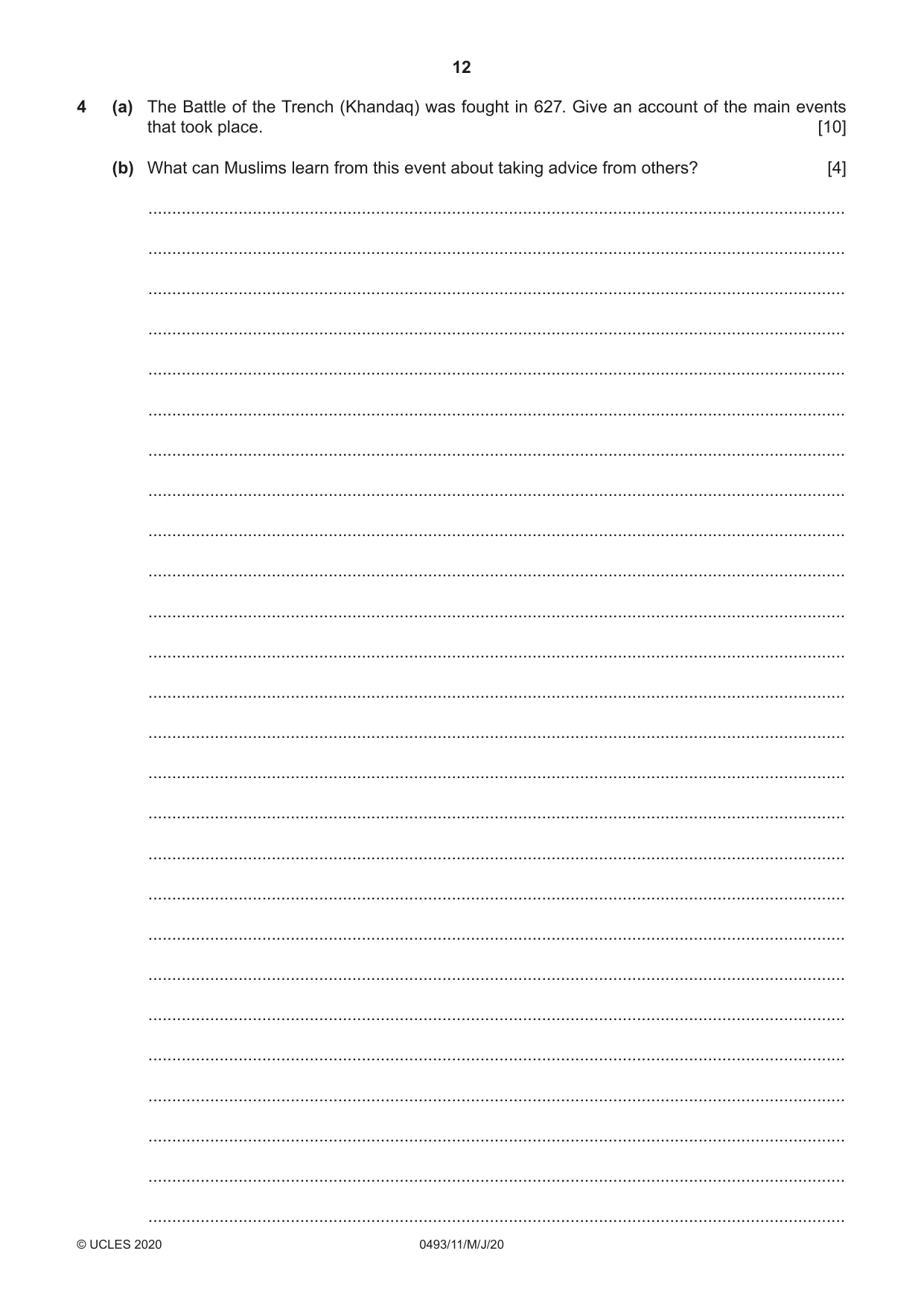 Cambridge IGCSE Islamiyat 0493 2020 May/June Paper 1 · Variant 1 question paper, page 12 of 20