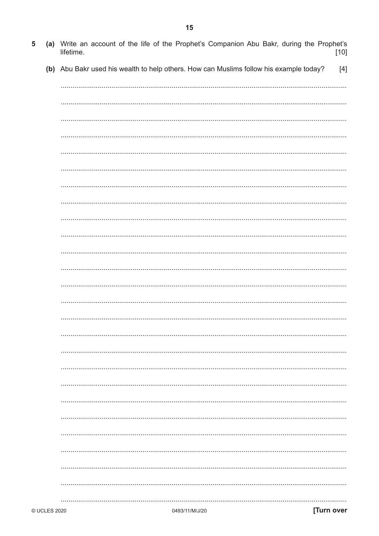 Cambridge IGCSE Islamiyat 0493 2020 May/June Paper 1 · Variant 1 question paper, page 15 of 20