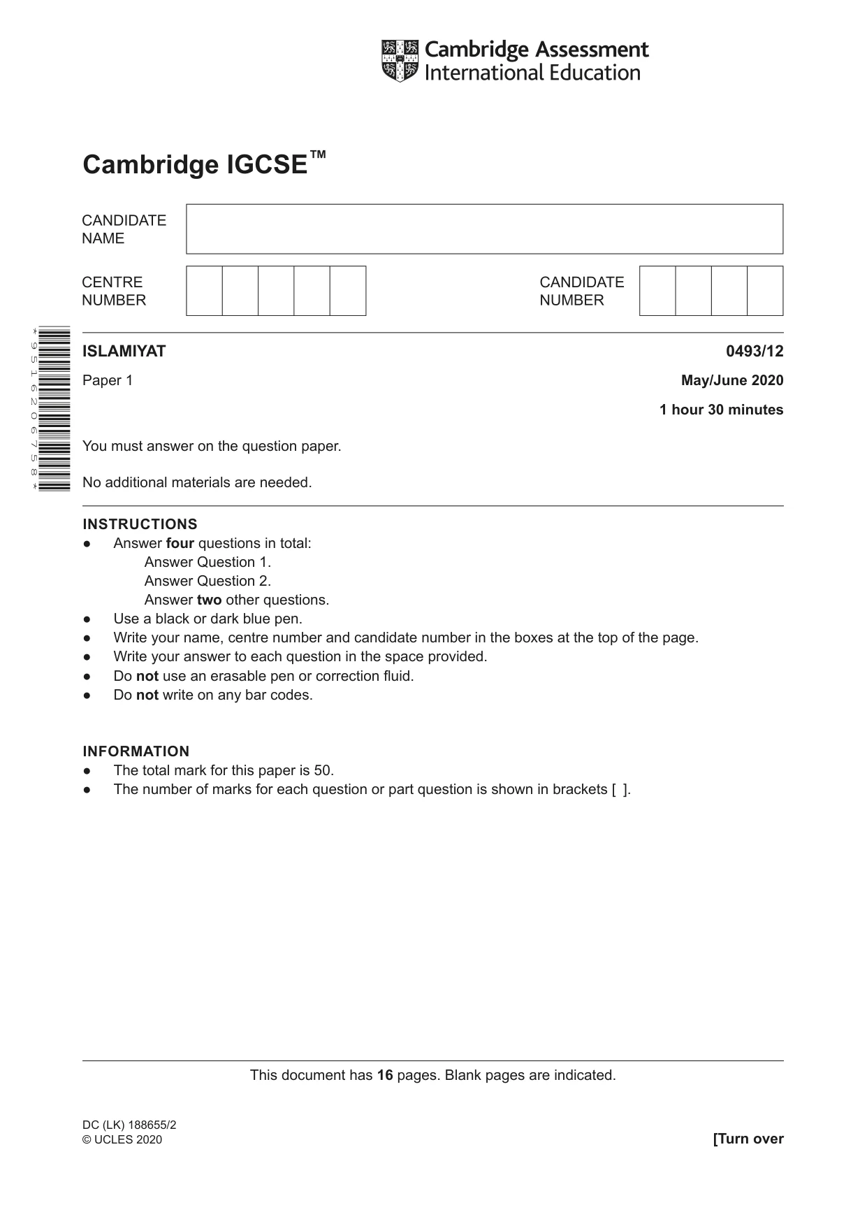 Cambridge IGCSE Islamiyat 0493 2020 May/June Paper 1 · Variant 2 question paper, page 1 of 16