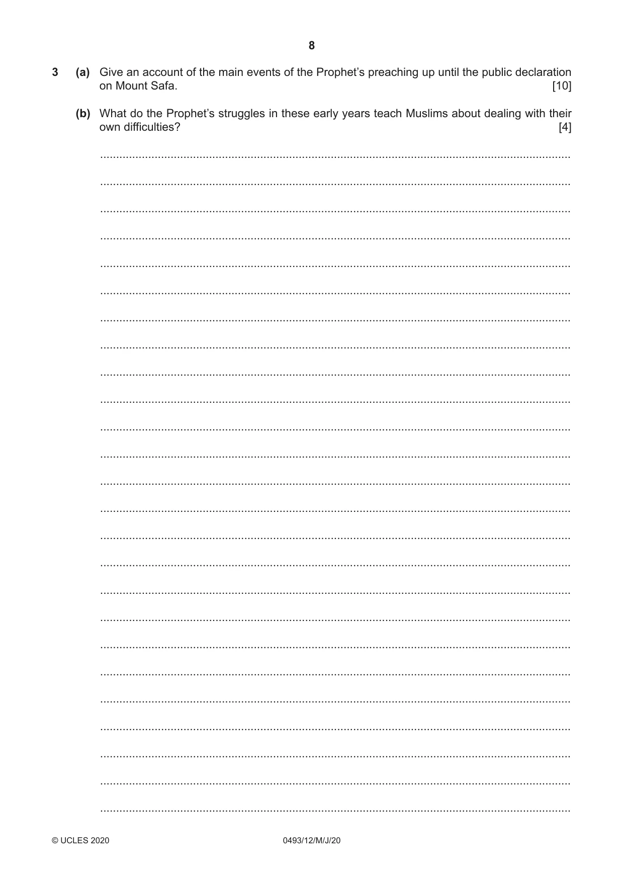 Cambridge IGCSE Islamiyat 0493 2020 May/June Paper 1 · Variant 2 question paper, page 8 of 16