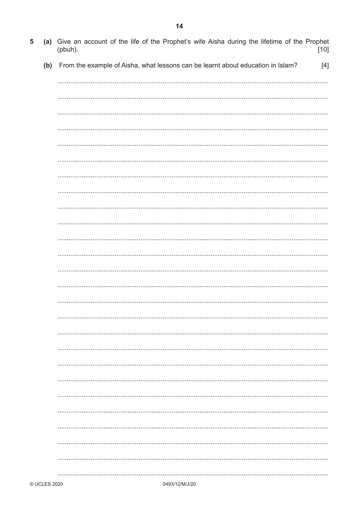 Cambridge IGCSE Islamiyat 0493 2020 May/June Paper 1 · Variant 2 question paper, page 14 of 16