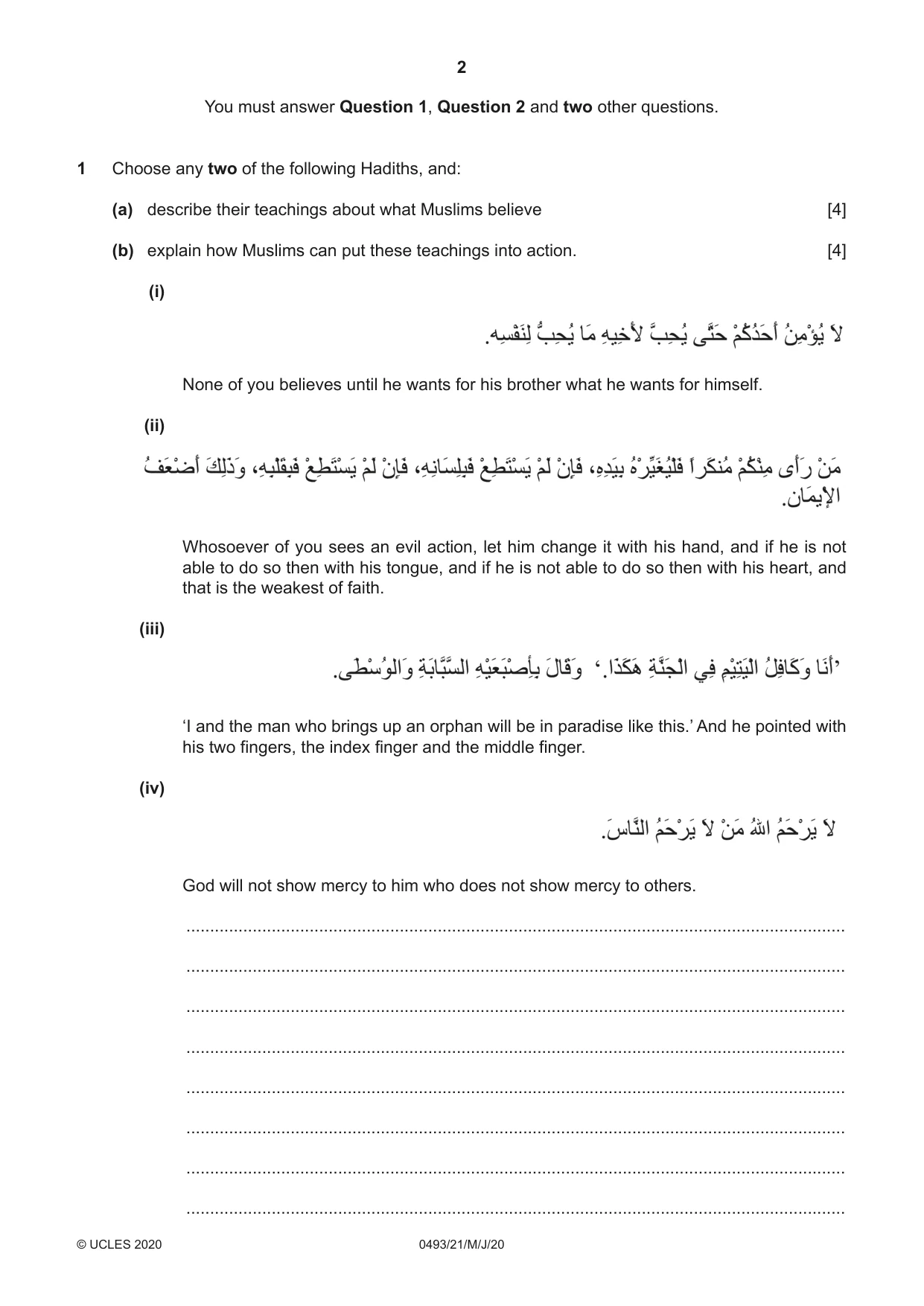Cambridge IGCSE Islamiyat 0493 2020 May/June Paper 2 · Variant 1 question paper, page 2 of 16