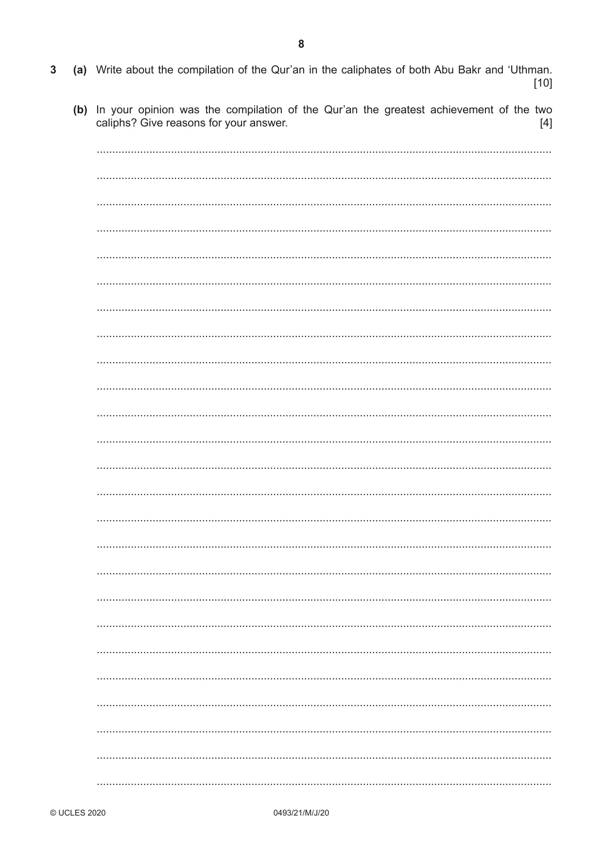 Cambridge IGCSE Islamiyat 0493 2020 May/June Paper 2 · Variant 1 question paper, page 8 of 16