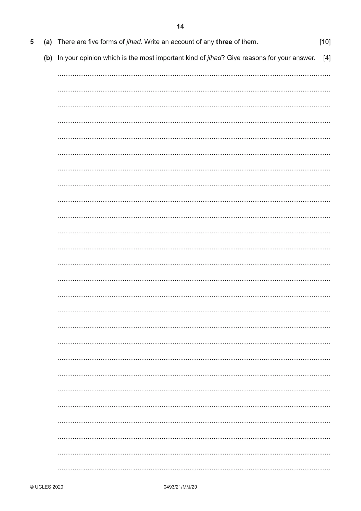 Cambridge IGCSE Islamiyat 0493 2020 May/June Paper 2 · Variant 1 question paper, page 14 of 16